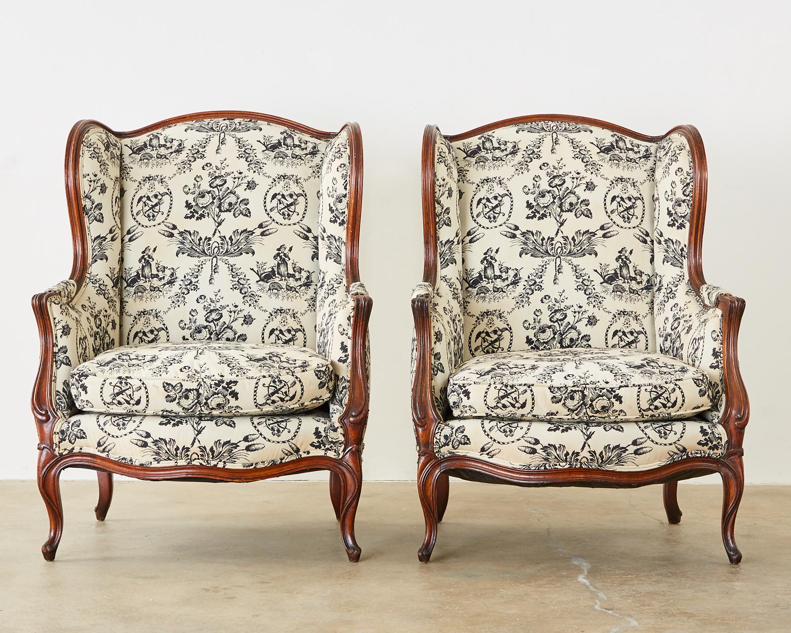 Pair of French Louis XV Style Toile Wingback Chairs In Good Condition In Rio Vista, CA
