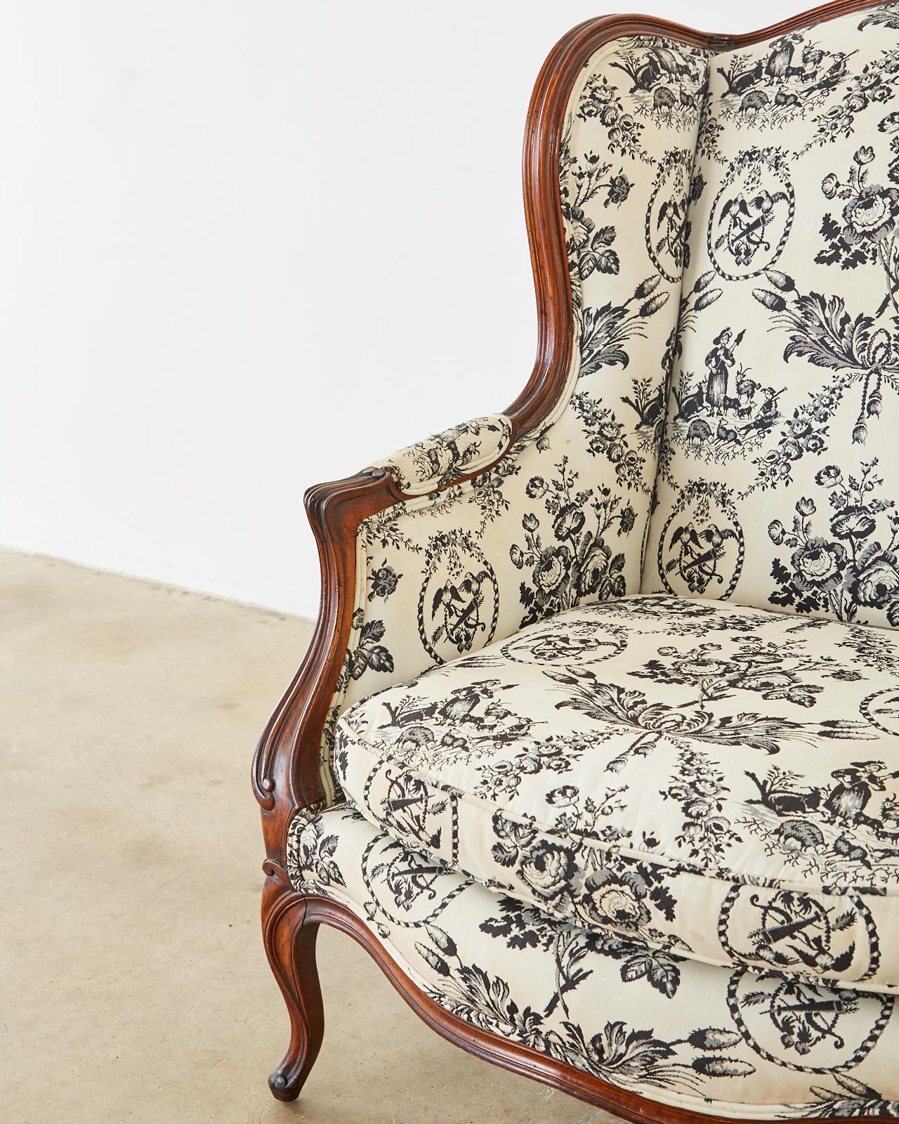 Fabric Pair of French Louis XV Style Toile Wingback Chairs