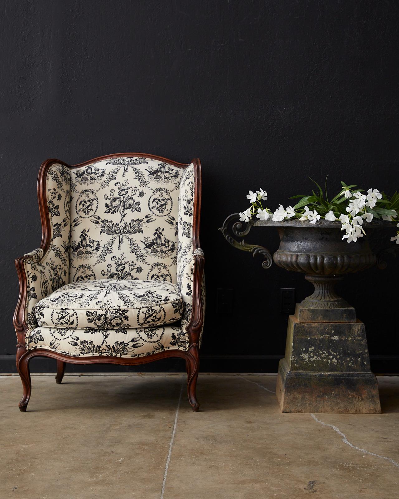 Pair of French Louis XV Style Toile Wingback Chairs 1