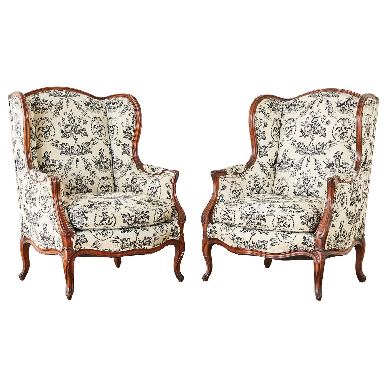 Pair of French Louis XV Style Toile Wingback Chairs