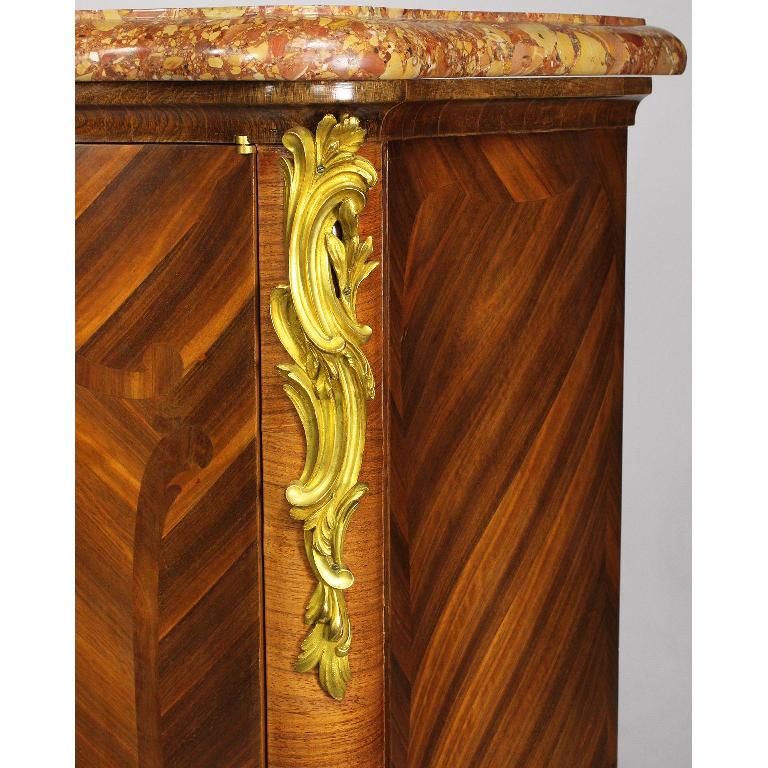 Ormolu Pair of French Louis XV Style Tulipwood Slender Side-Cabinets Commodes For Sale