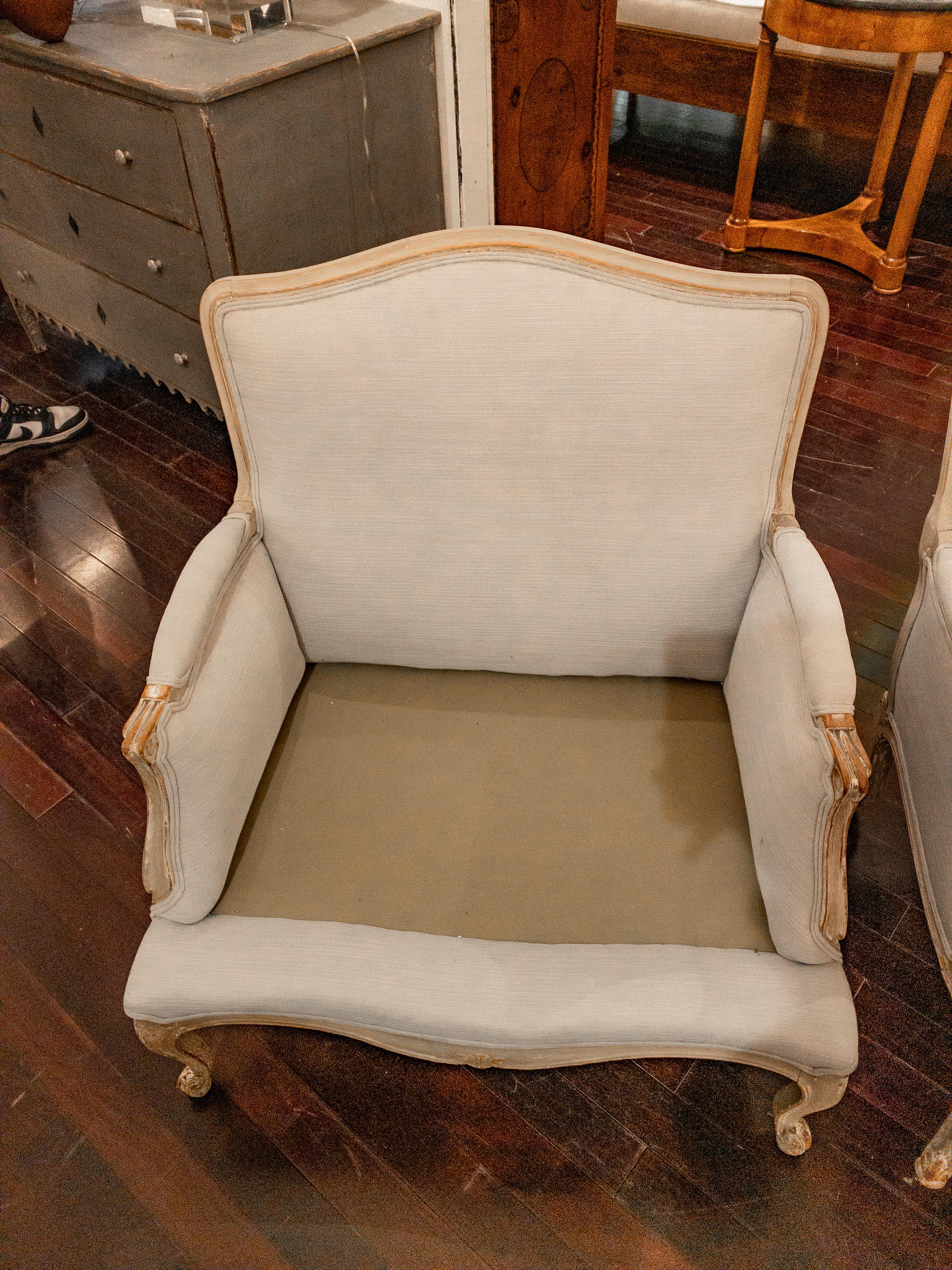 Pair of French Louis XV Style Upholstered Arm Chairs For Sale 4