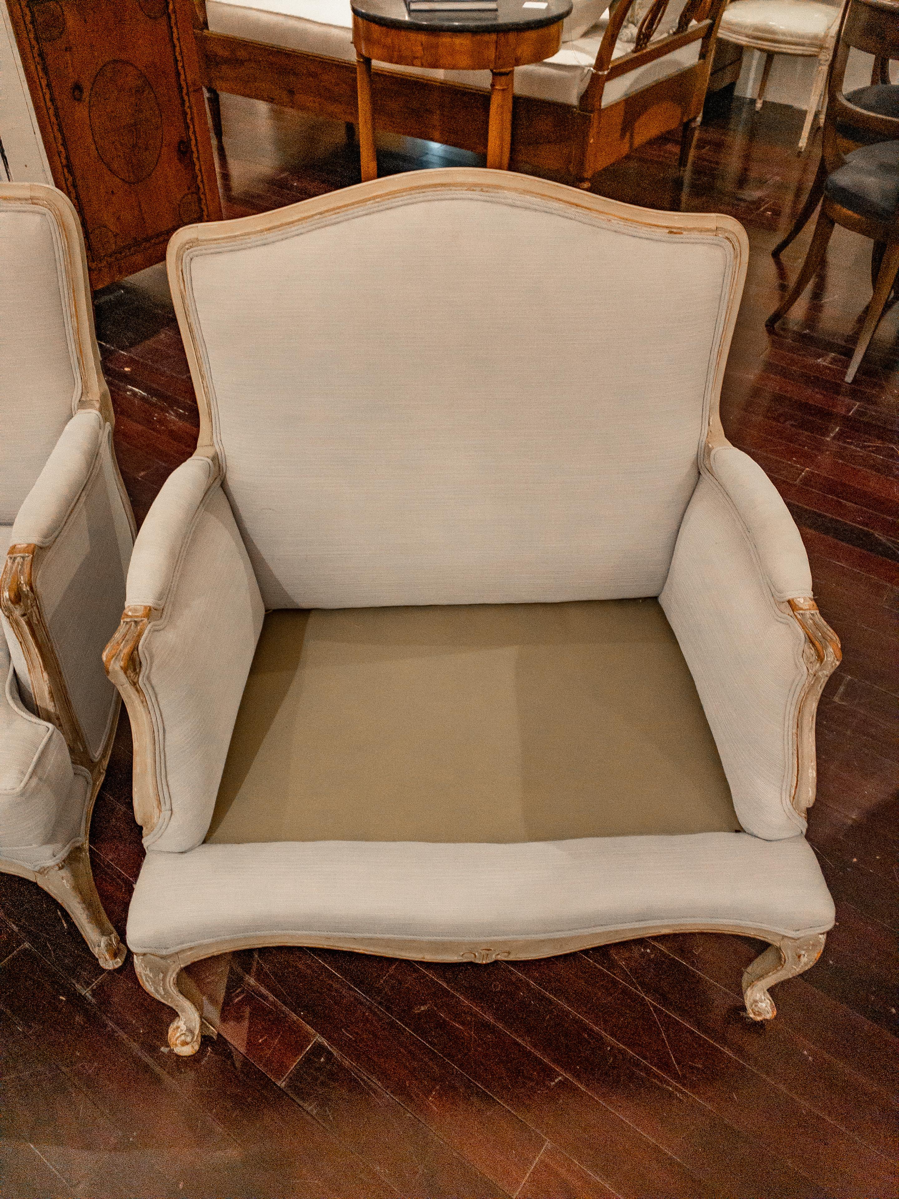 Pair of French Louis XV Style Upholstered Arm Chairs For Sale 5