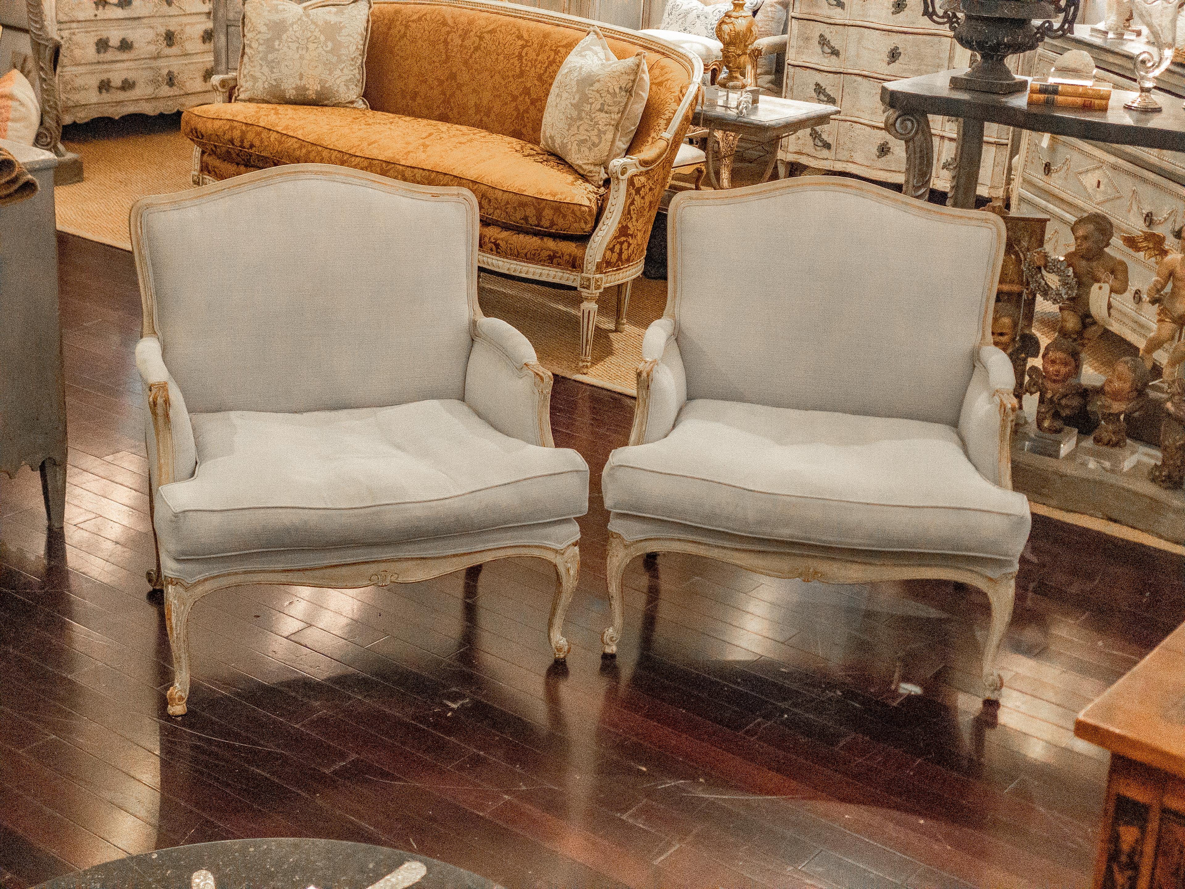 Painted Pair of French Louis XV Style Upholstered Arm Chairs