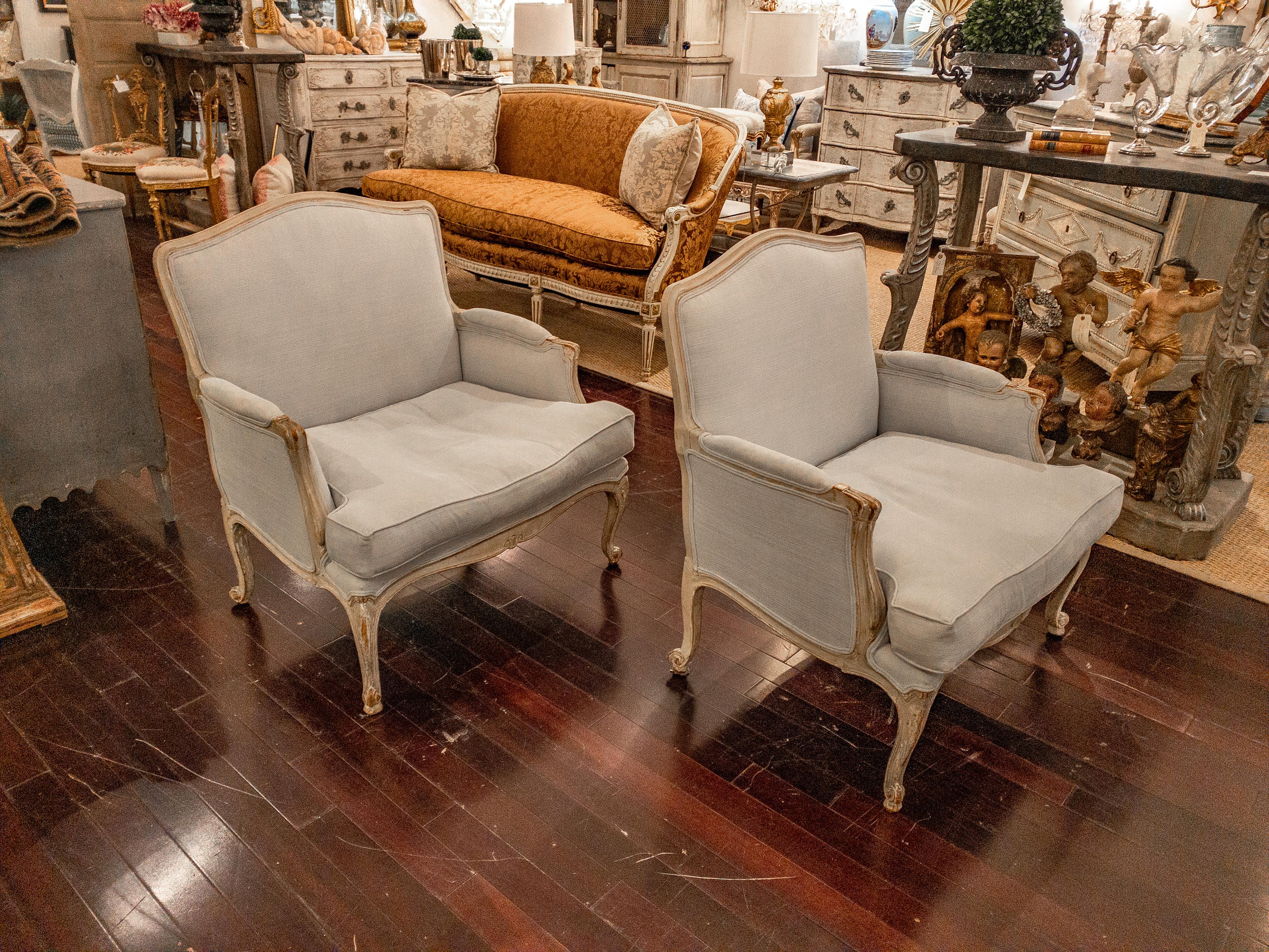 Pair of French Louis XV Style Upholstered Arm Chairs In Good Condition For Sale In Houston, TX
