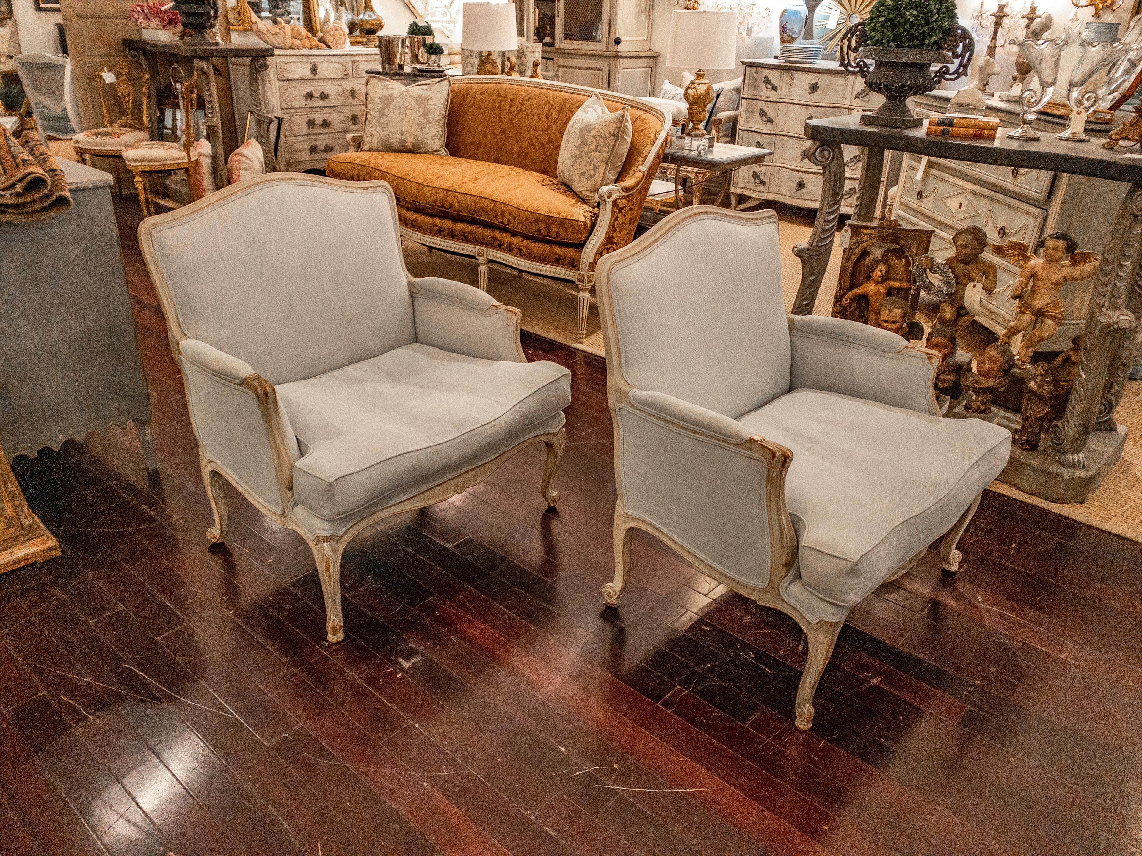 Pair of French Louis XV Style Upholstered Arm Chairs In Good Condition In Houston, TX