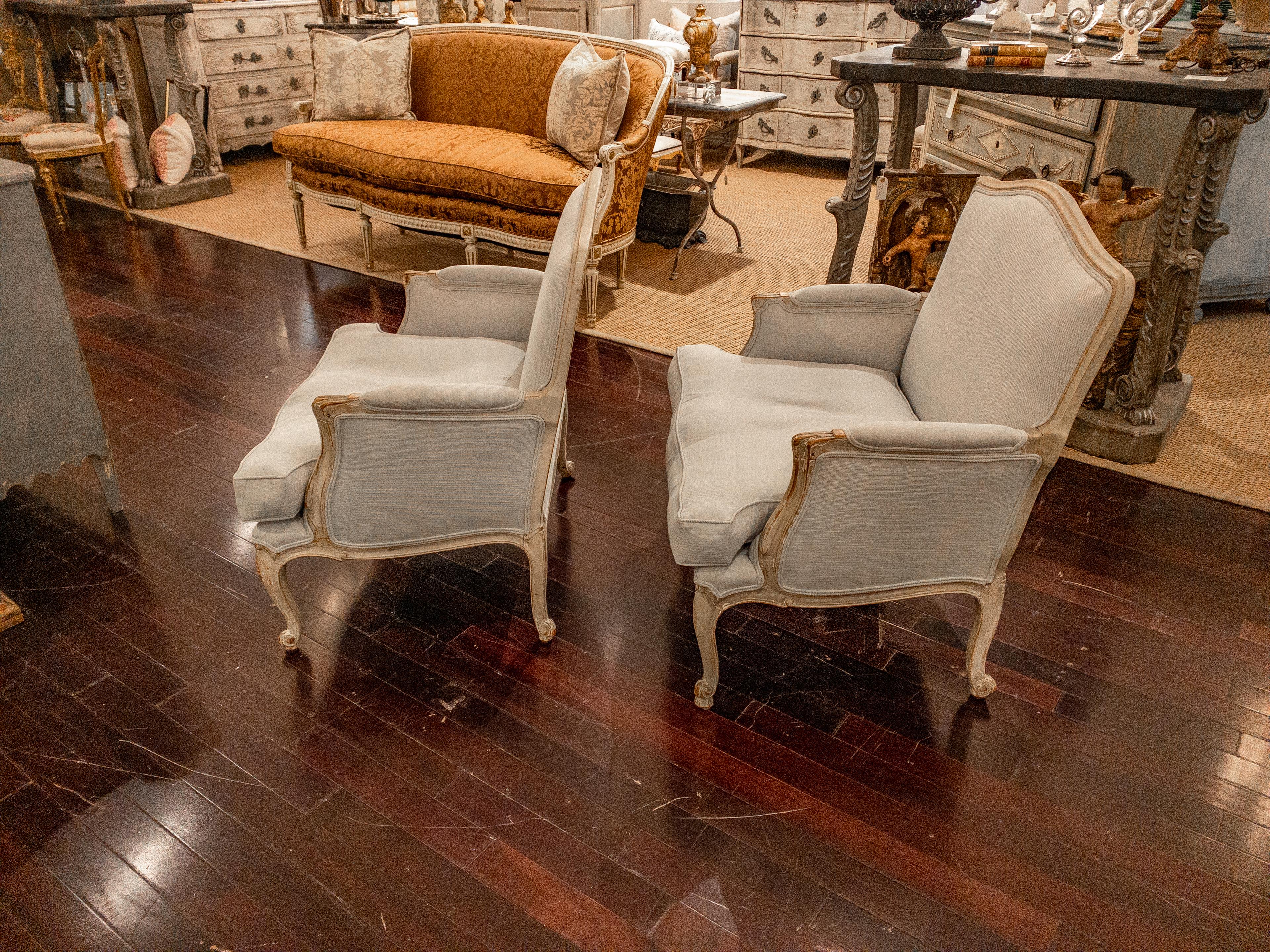 19th Century Pair of French Louis XV Style Upholstered Arm Chairs