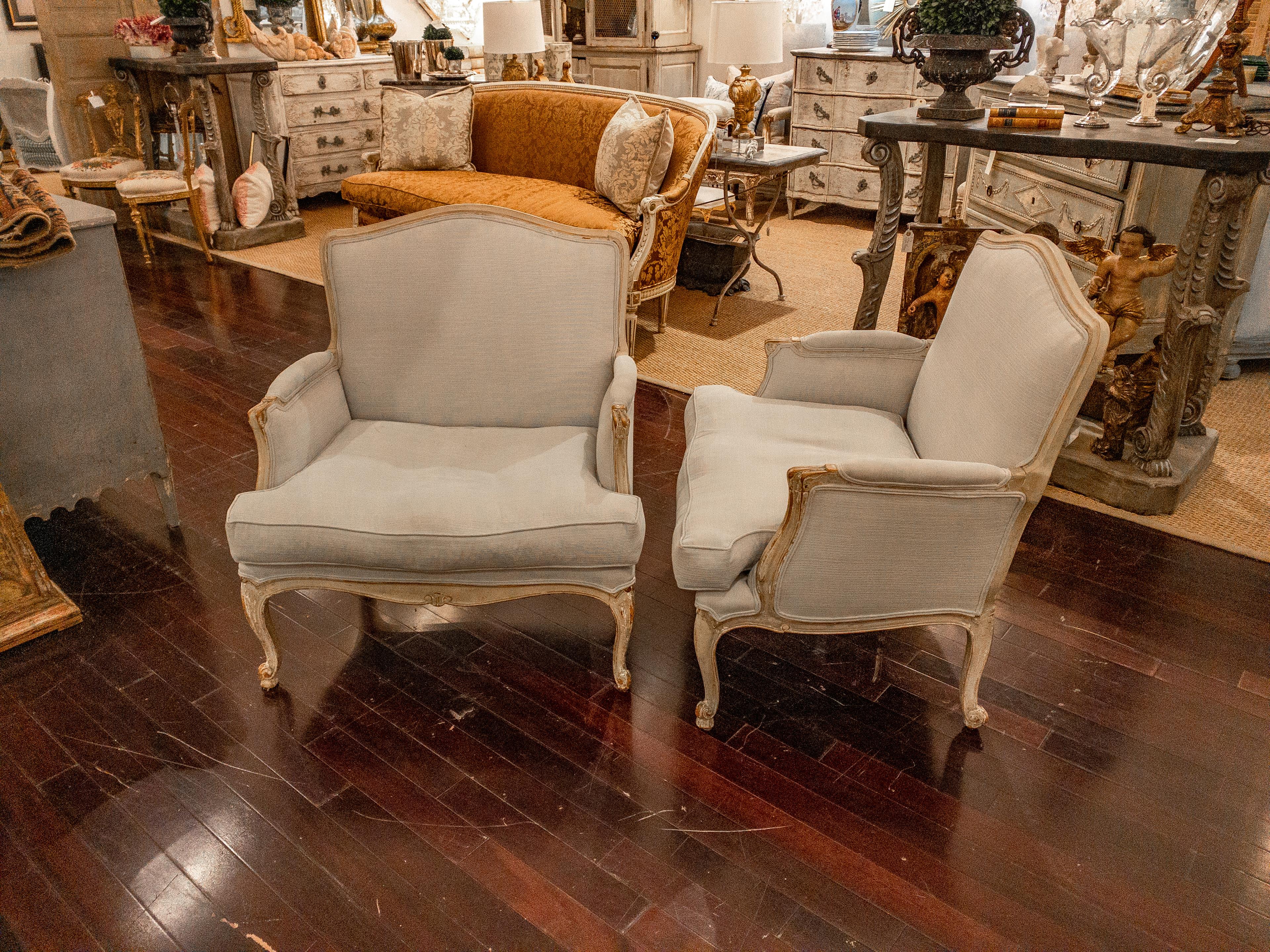 Fabric Pair of French Louis XV Style Upholstered Arm Chairs