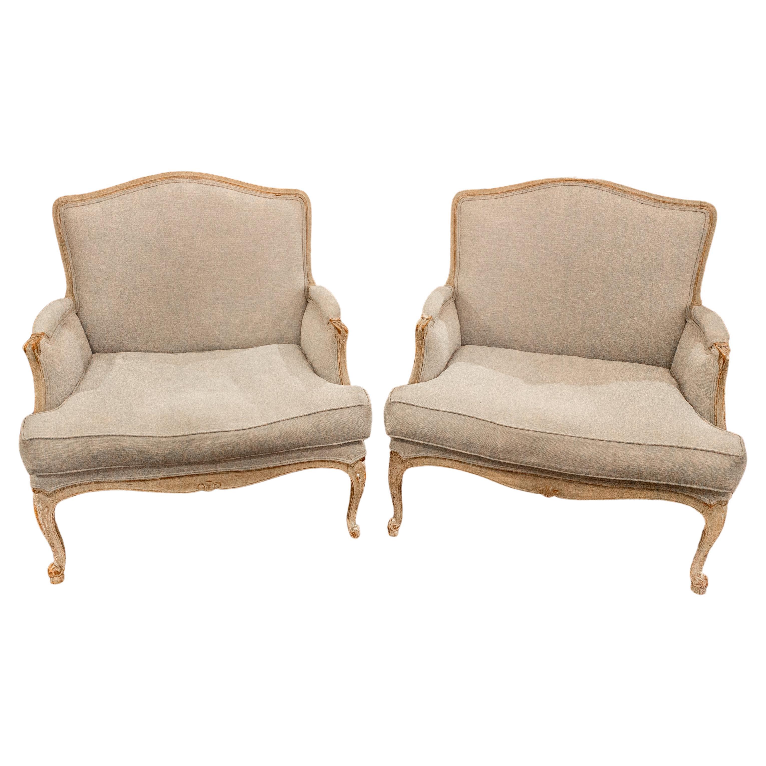 Pair of French Louis XV Style Upholstered Arm Chairs For Sale