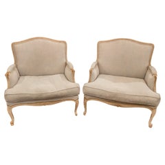 Antique Pair of French Louis XV Style Upholstered Arm Chairs