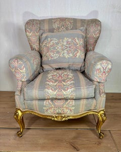 Pair of French Louis XV Style Upholstered Armchairs with Giltwood Frames