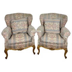 Pair of French Louis XV Style Upholstered Armchairs with Giltwood Frames