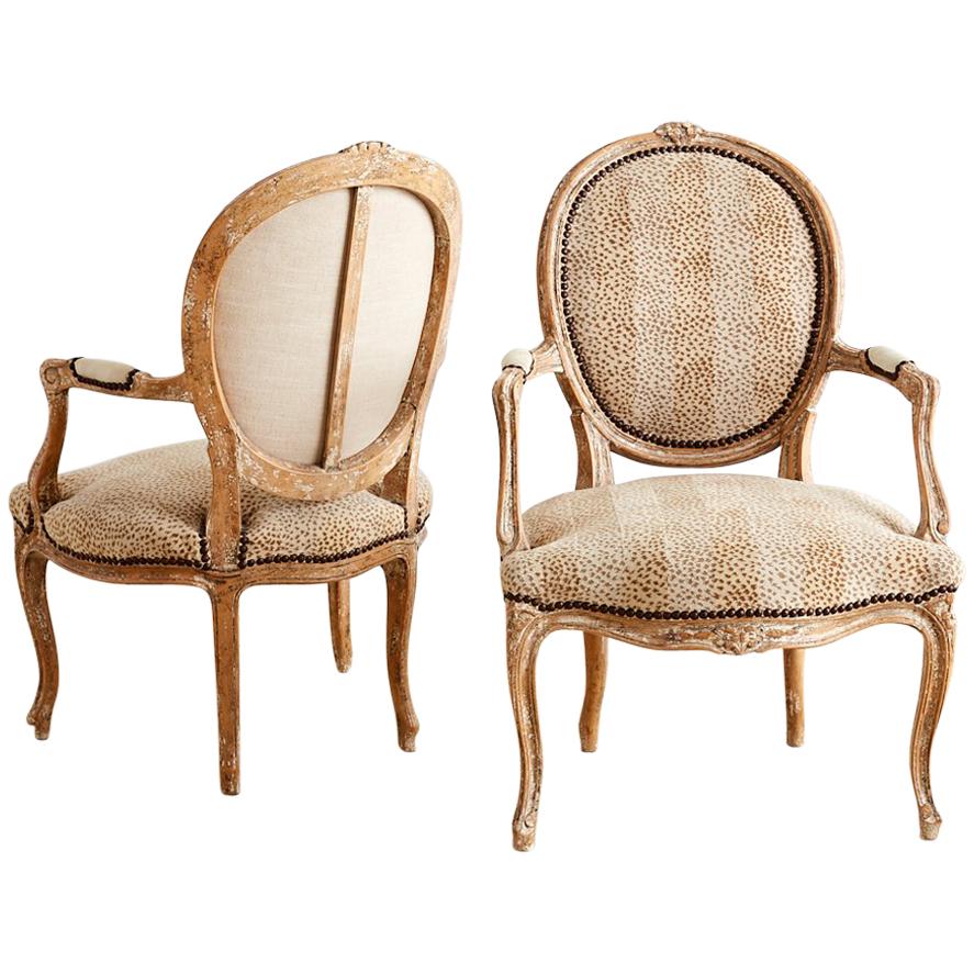Pair of French Louis XV Style Upholstered Fauteuils
