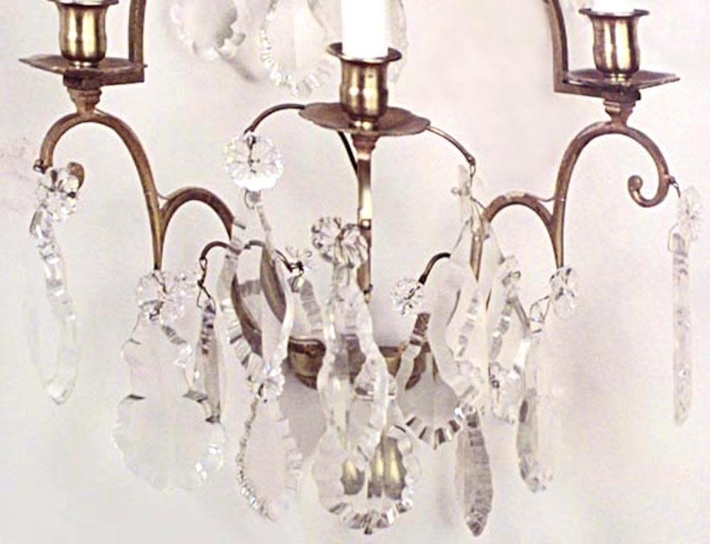 20th Century Pair of French Louis XV Style Bronze and Crystal Wall Sconces For Sale