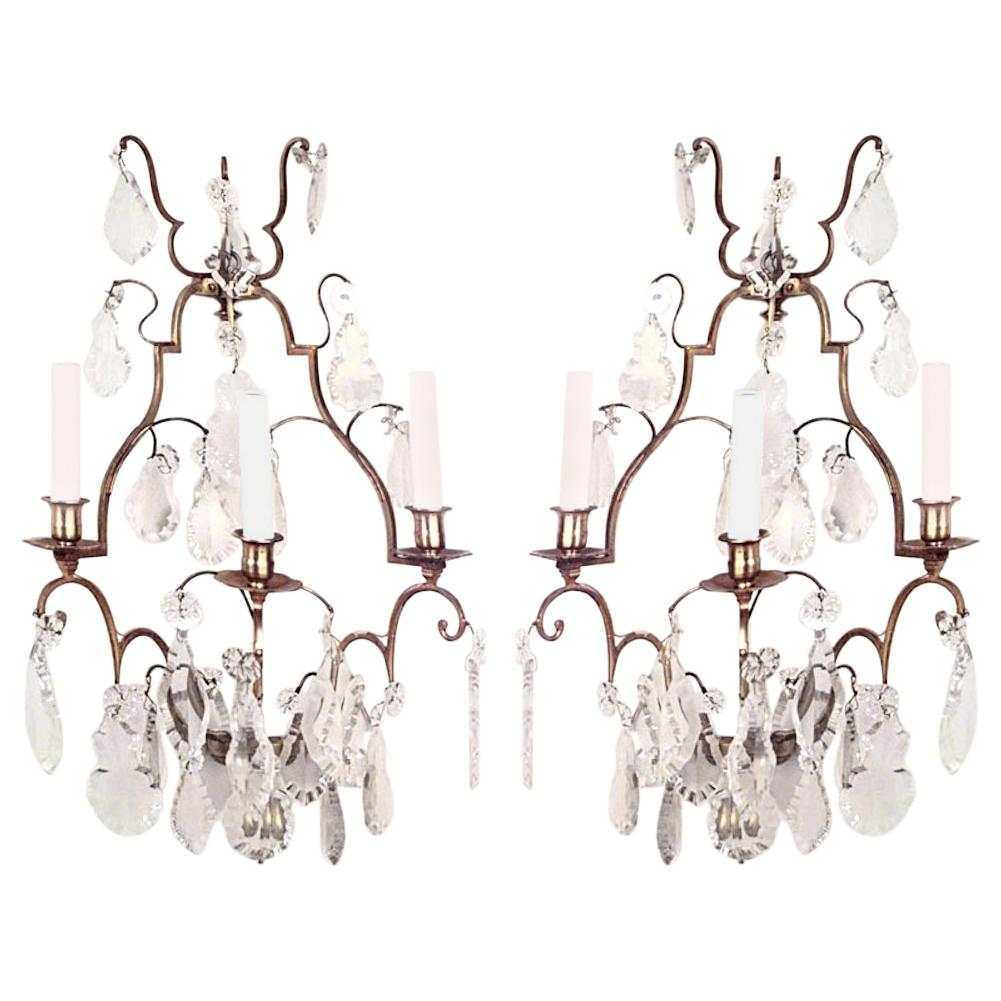 Pair of French Louis XV Style Bronze and Crystal Wall Sconces For Sale