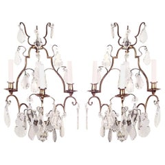 Pair of French Louis XV Style Bronze and Crystal Wall Sconces