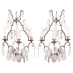 Vintage Pair of French Louis XV Style Bronze and Crystal Wall Sconces