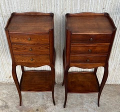 Pair of French Louis XV Style Walnut Bedside Tables with Three Drawers and Shelv