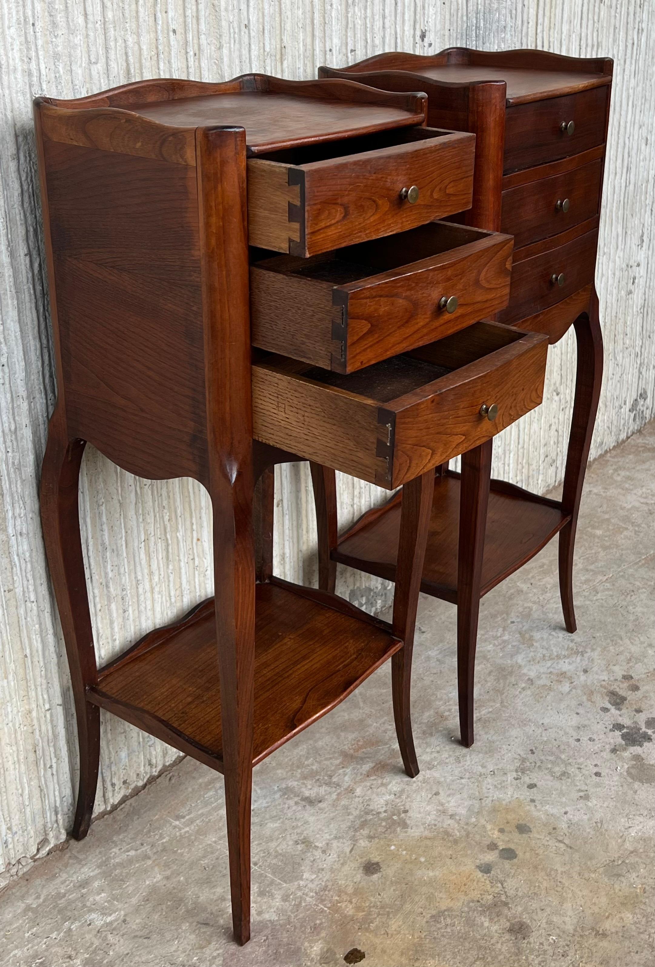 Pair of French Louis XV Style Walnut Bedside Tables with Three Drawers and Shelv 1