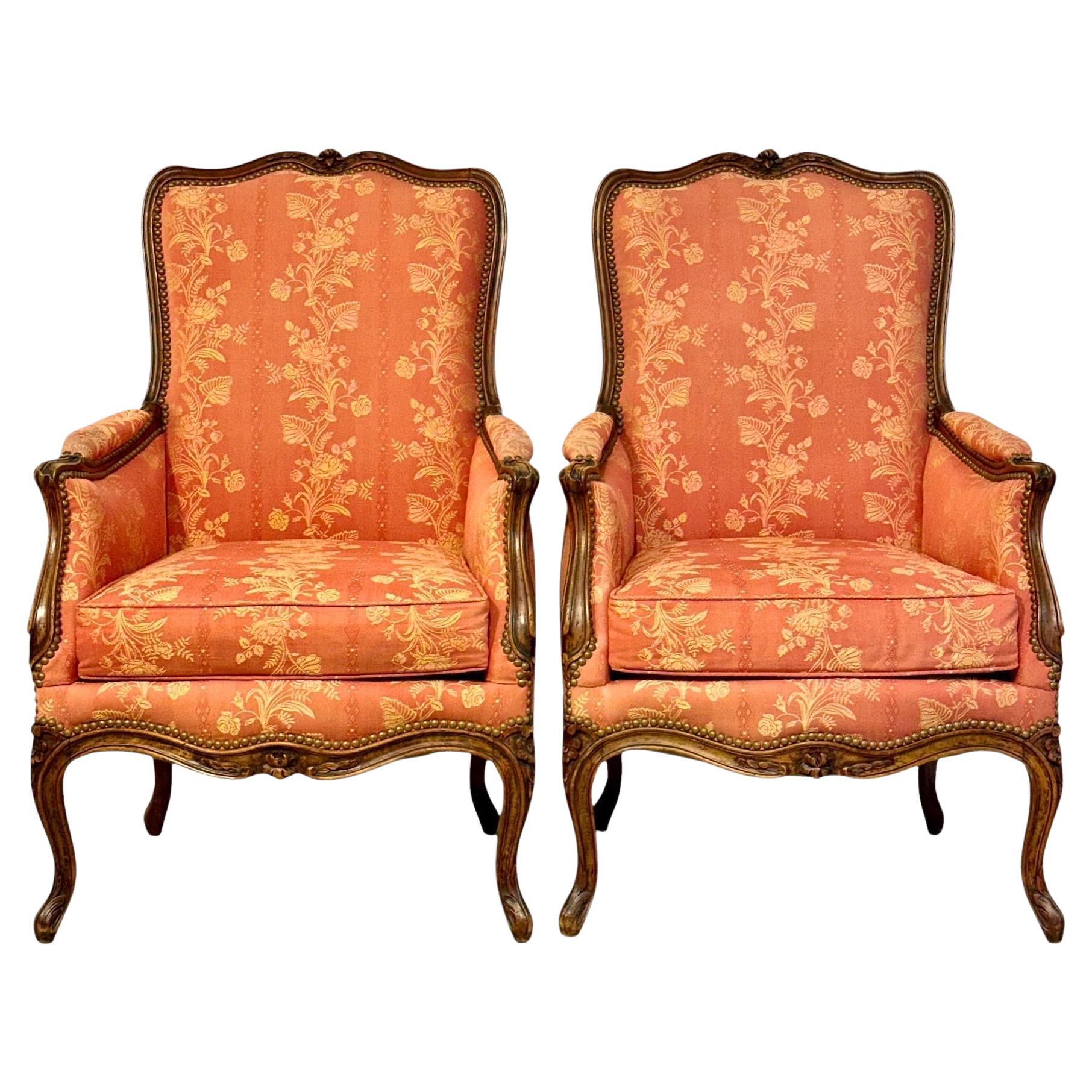Pair of French Louis XV Style Walnut Bergère Chairs, 19th Century