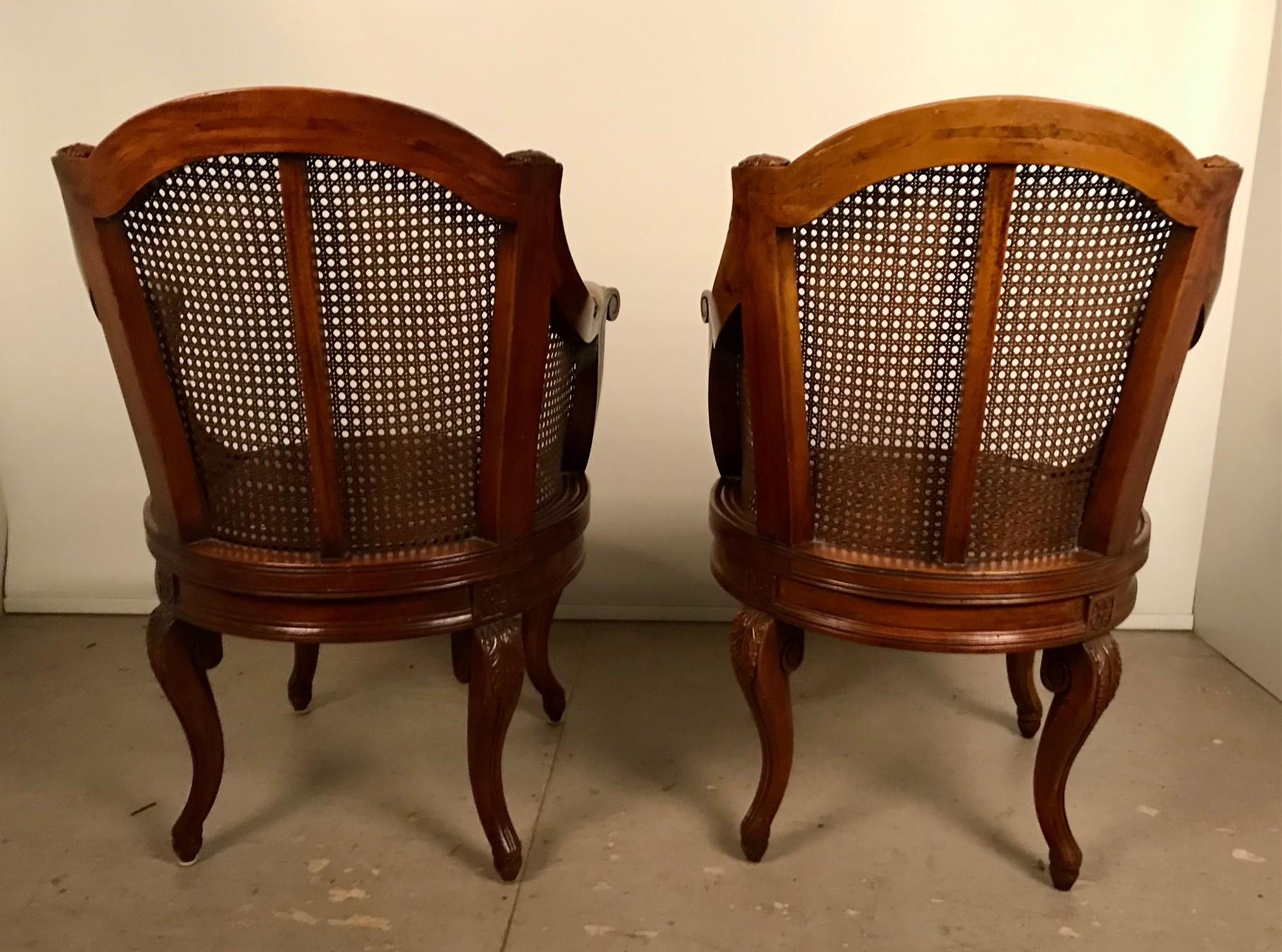 Pair of French Louis XV Style Walnut & Caned Swivel Armchairs For Sale 1