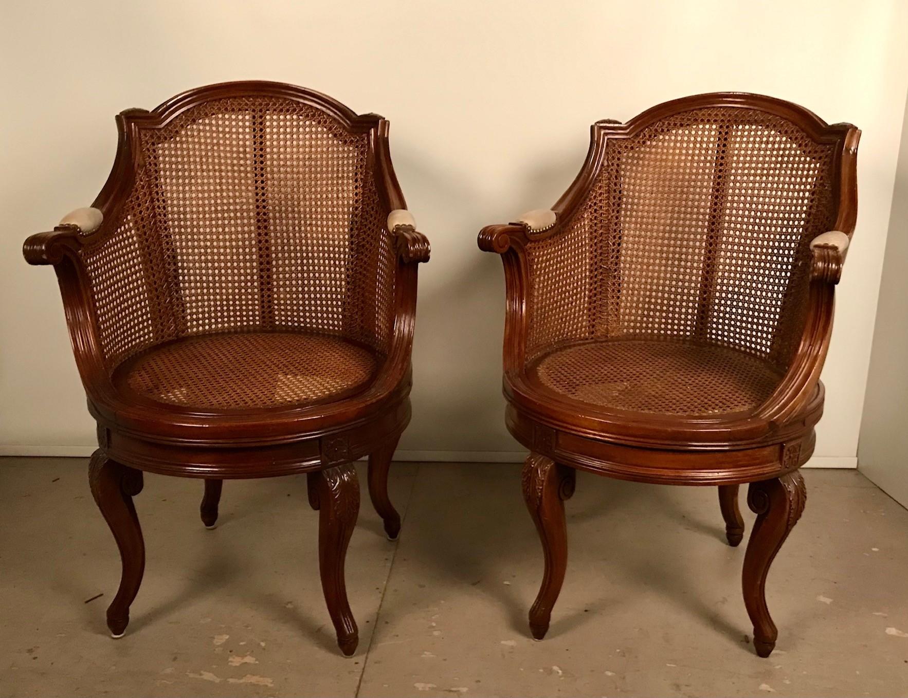 Pair of French Louis XV Style Walnut & Caned Swivel Armchairs For Sale 2