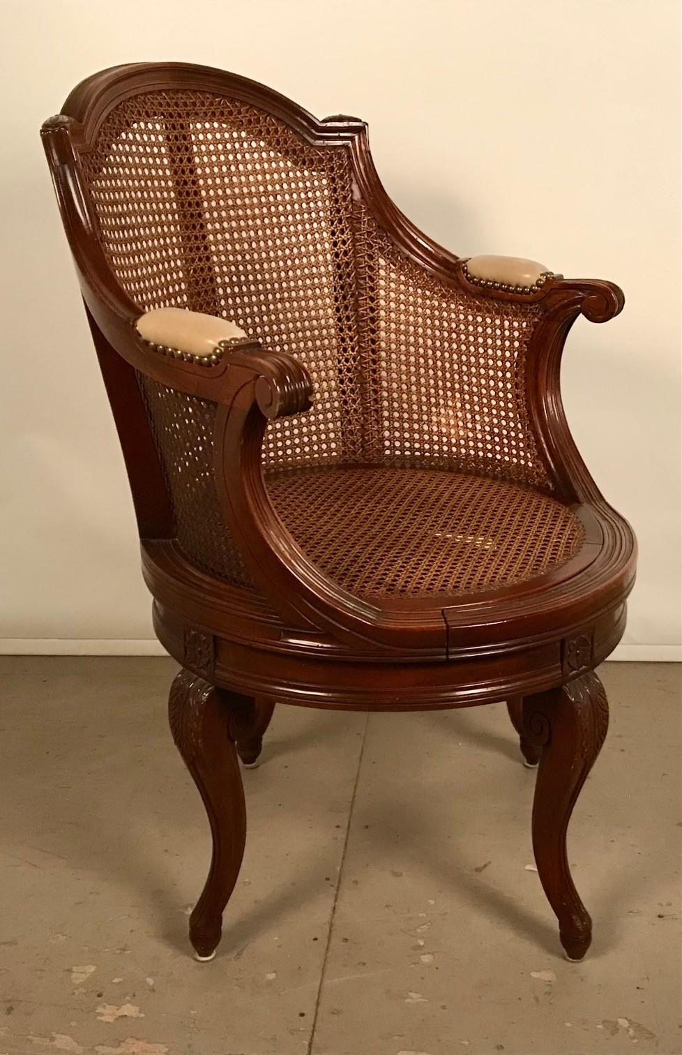 Pair of French Louis XV Style Walnut & Caned Swivel Armchairs For Sale 4