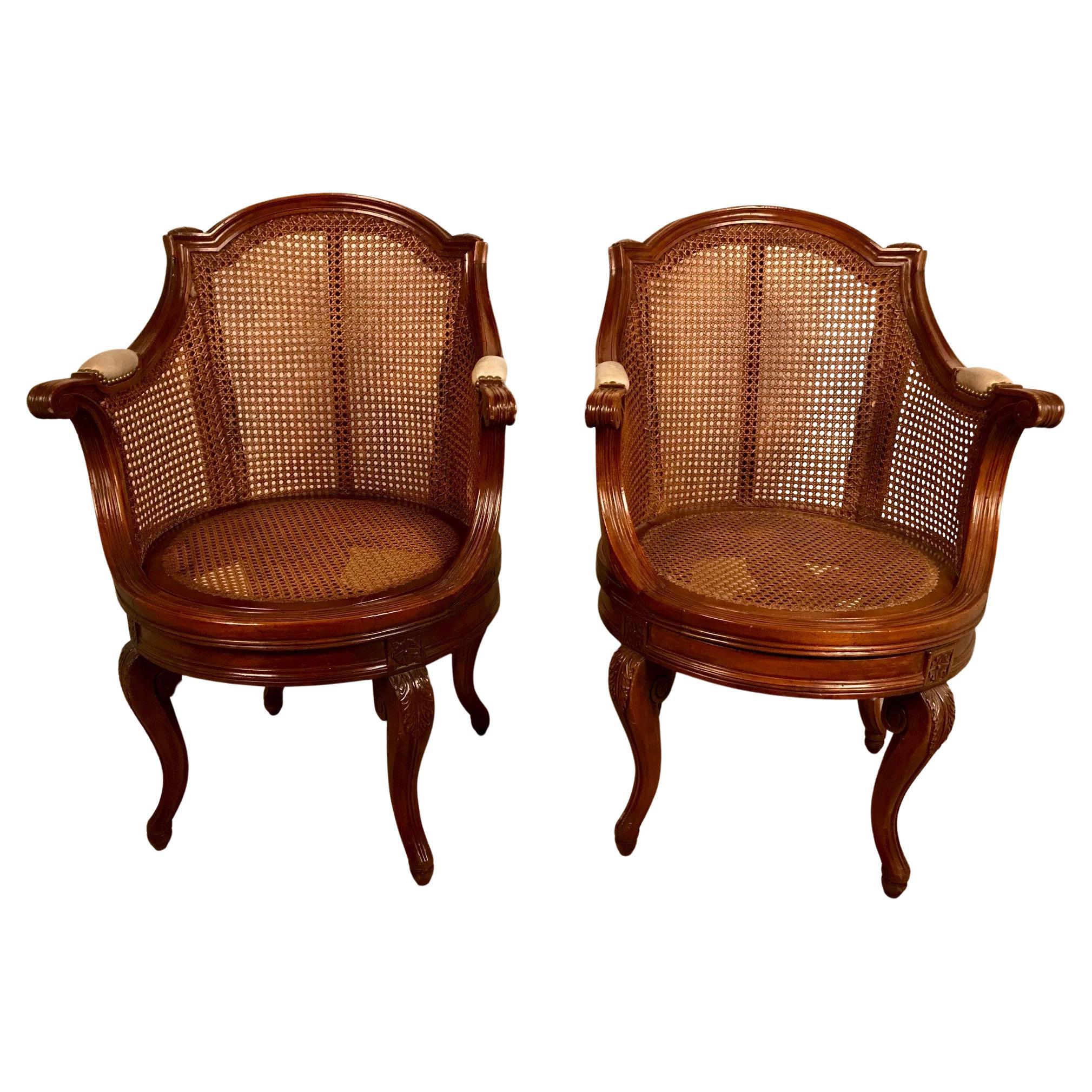 Pair of French Louis XV Style Walnut & Caned Swivel Armchairs For Sale