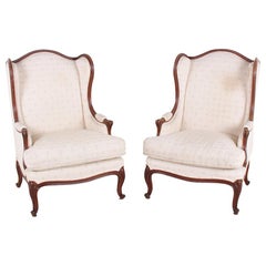 Pair of French Louis XV-Style Walnut Wingback Armchairs