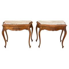 Pair of French Louis XV Style Wood Side Tables with Marble Tops