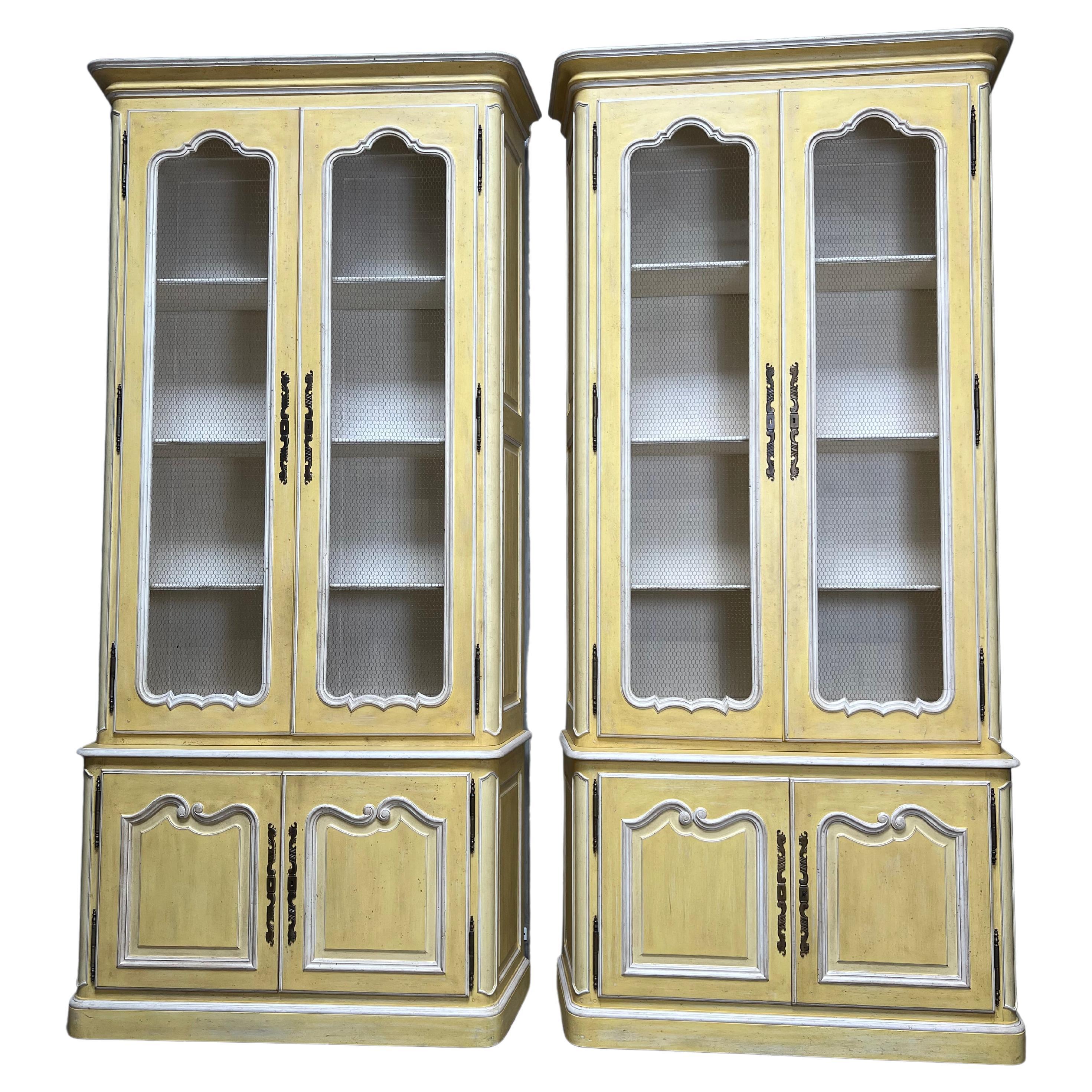 Pair of French Louis XV Style Yellow and White Painted Bookcases For Sale