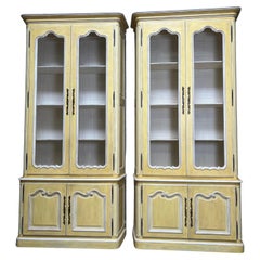 Used Pair of French Louis XV Style Yellow and White Painted Bookcases