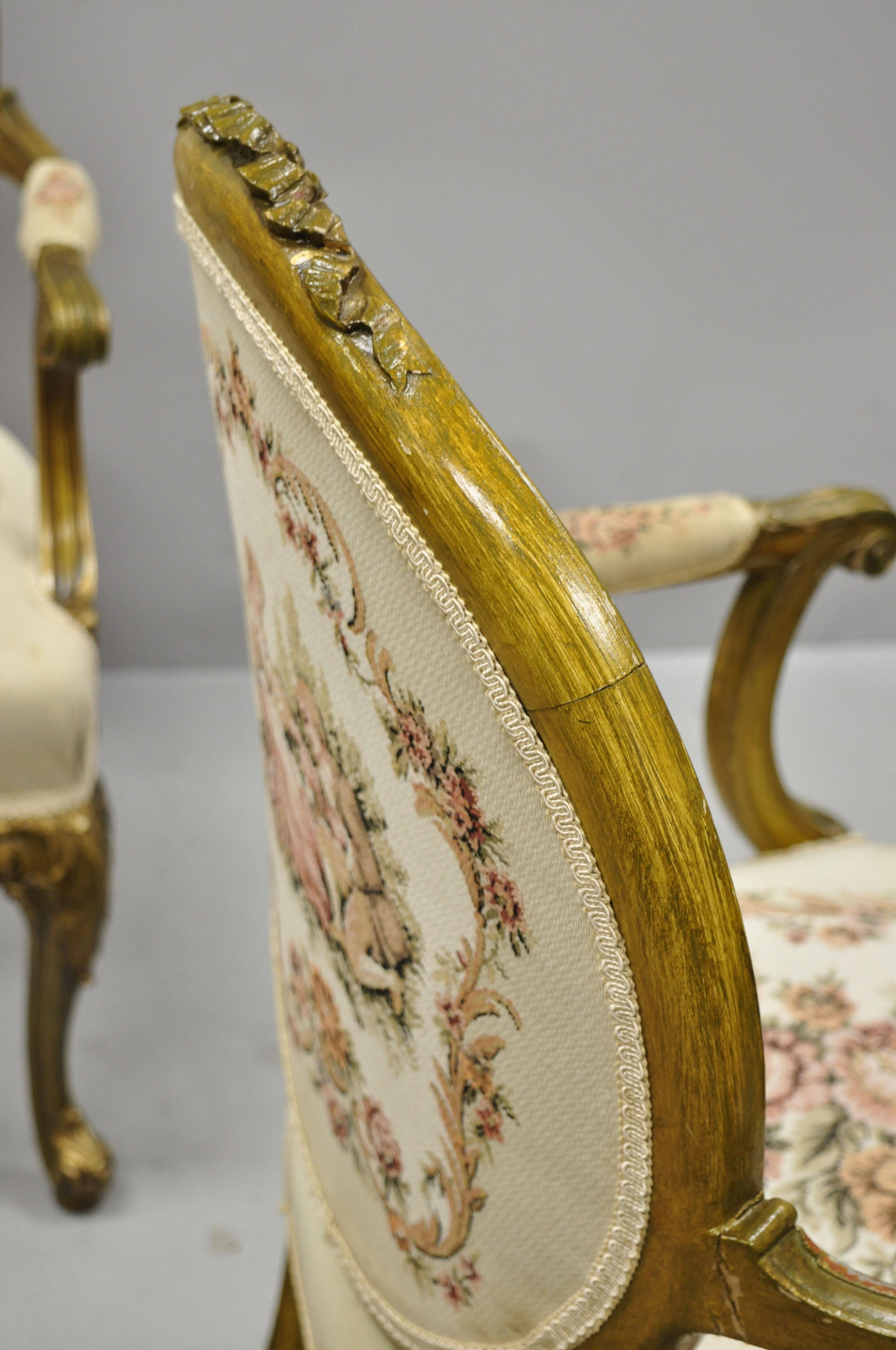 Pair of French Louis XV Victorian Style Needlepoint Tapestry Fireside Arm Chairs 1
