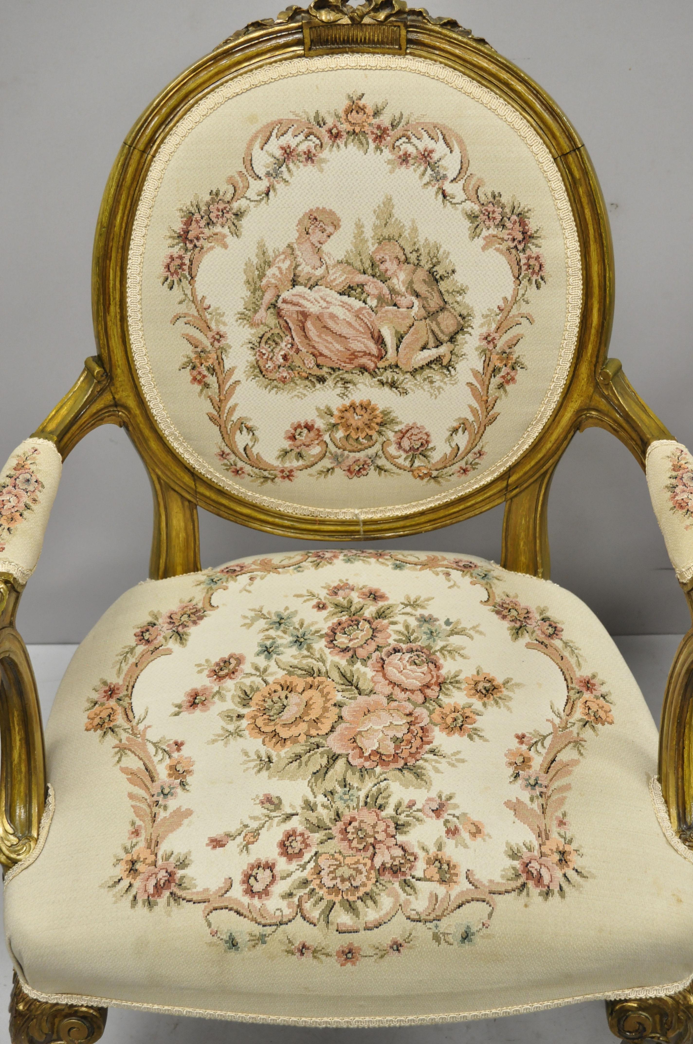 Pair of French Louis XV Victorian Style Needlepoint Tapestry Fireside Arm Chairs 3