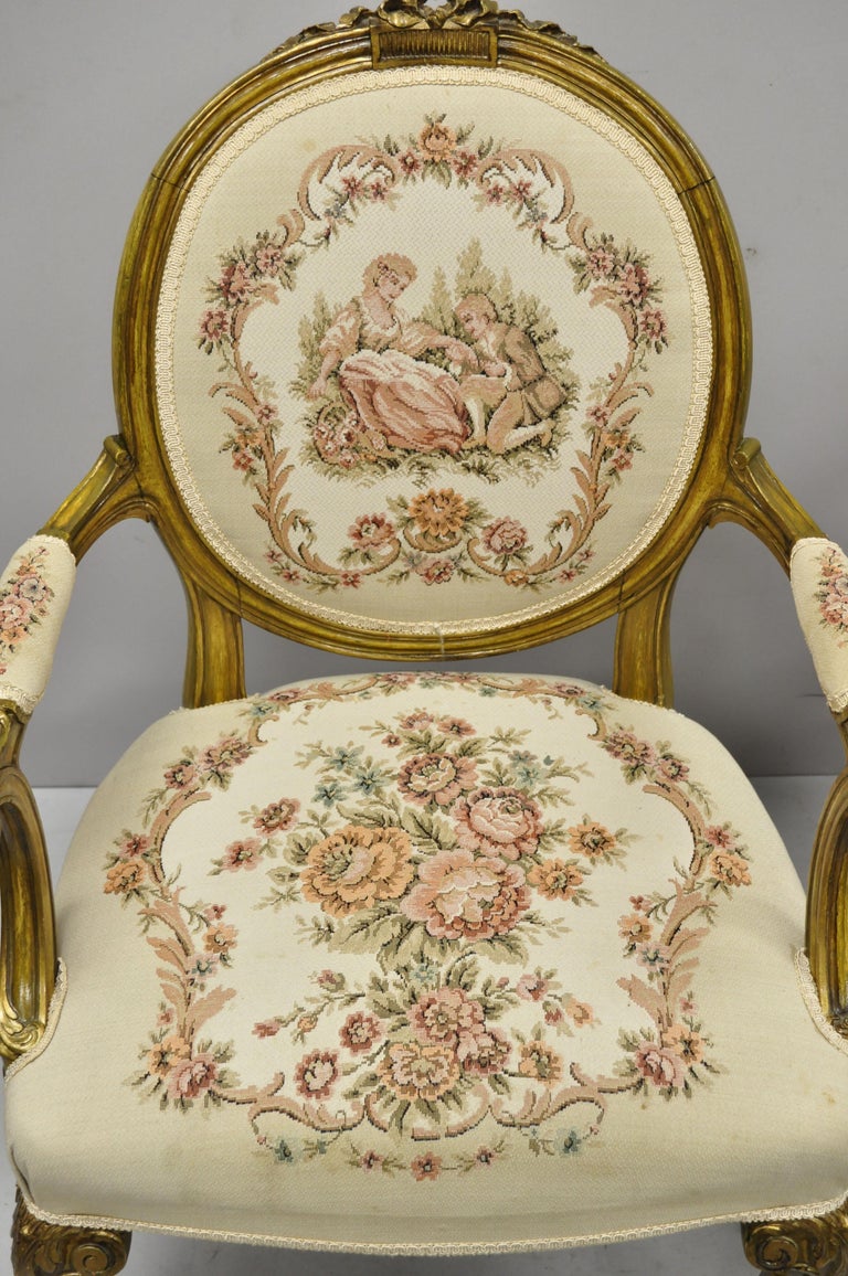 Pair of French Louis XV Victorian Style Needlepoint Tapestry Fireside