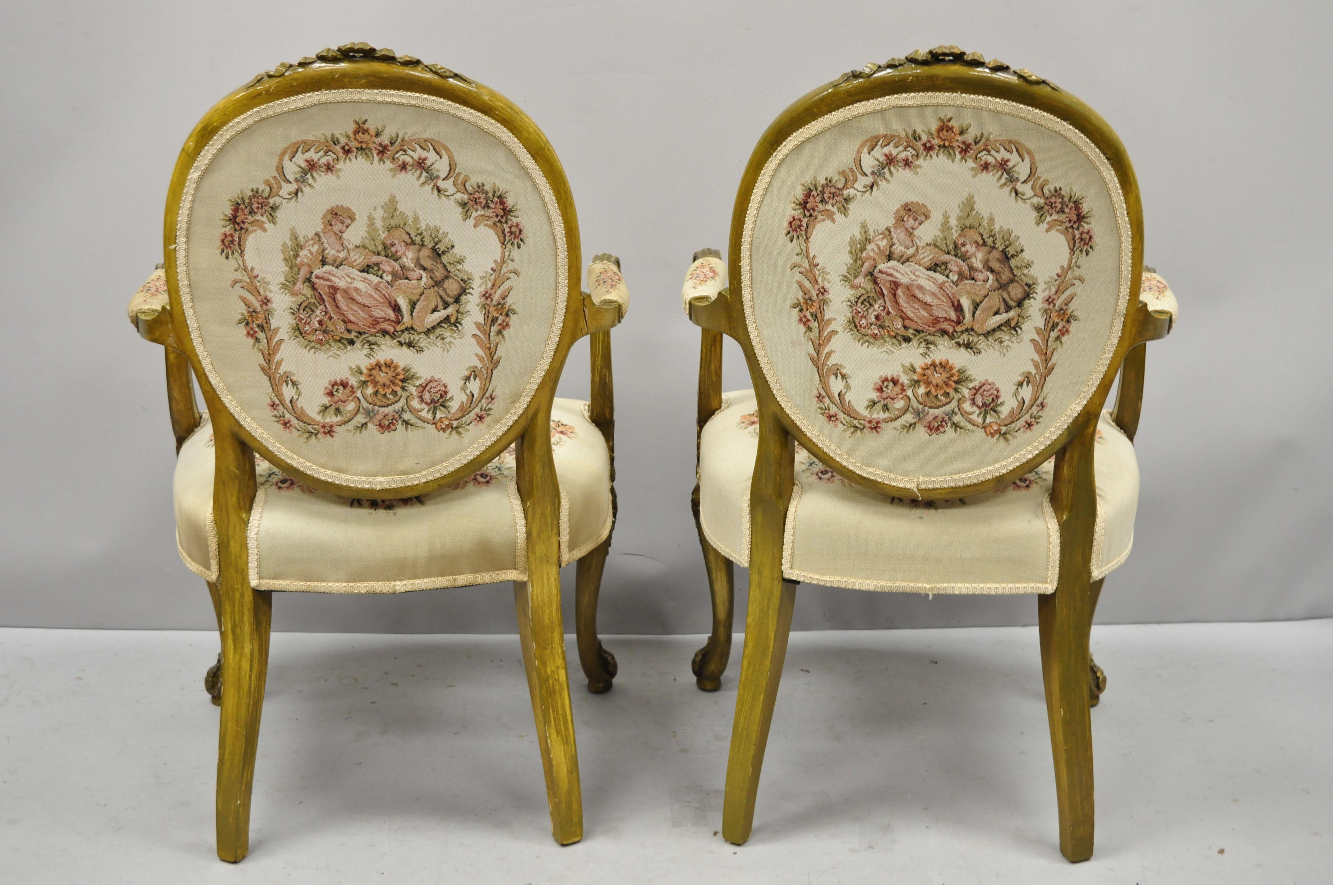 American Pair of French Louis XV Victorian Style Needlepoint Tapestry Fireside Arm Chairs
