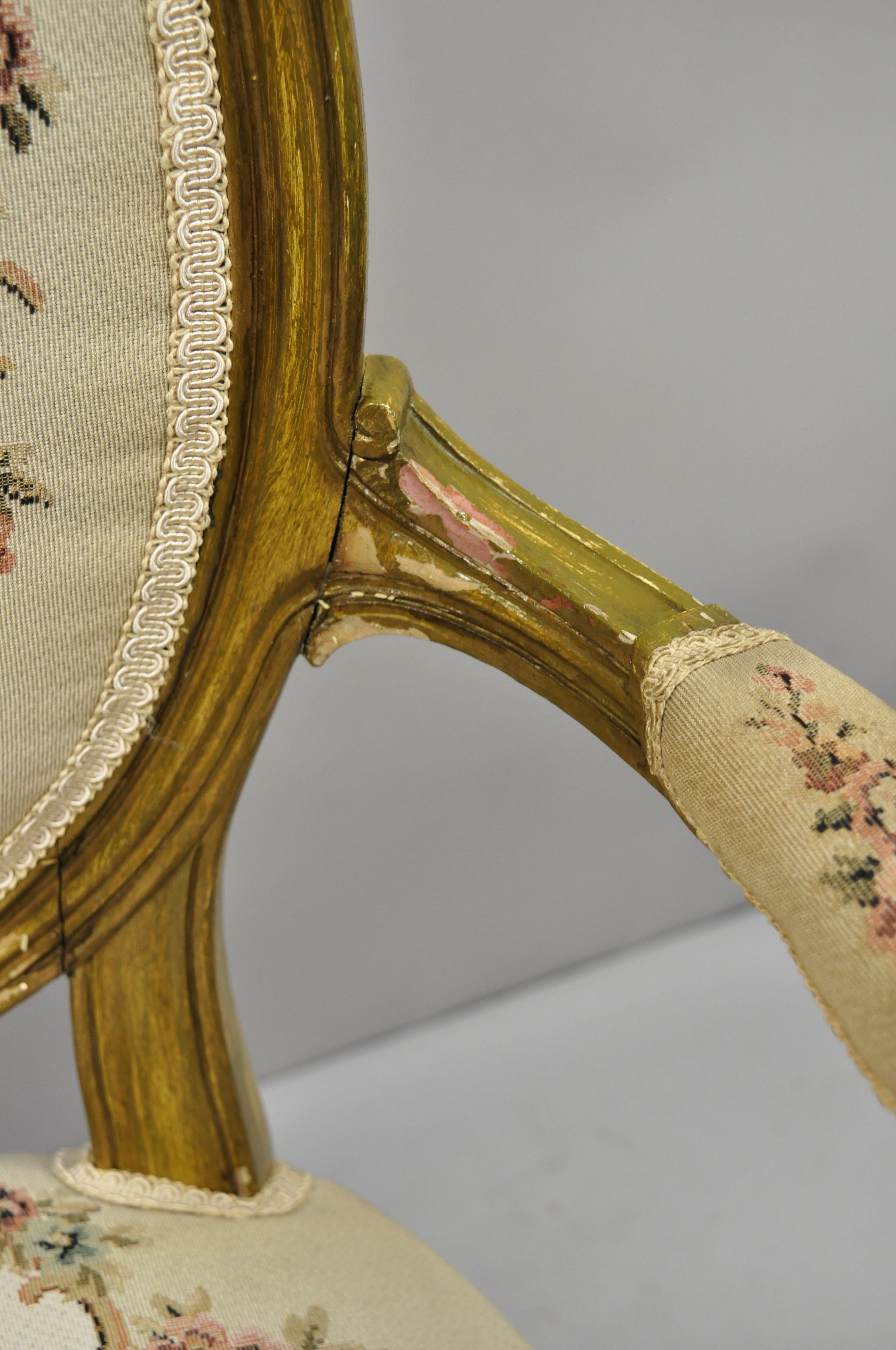 Pair of French Louis XV Victorian Style Needlepoint Tapestry Fireside Arm Chairs In Good Condition In Philadelphia, PA