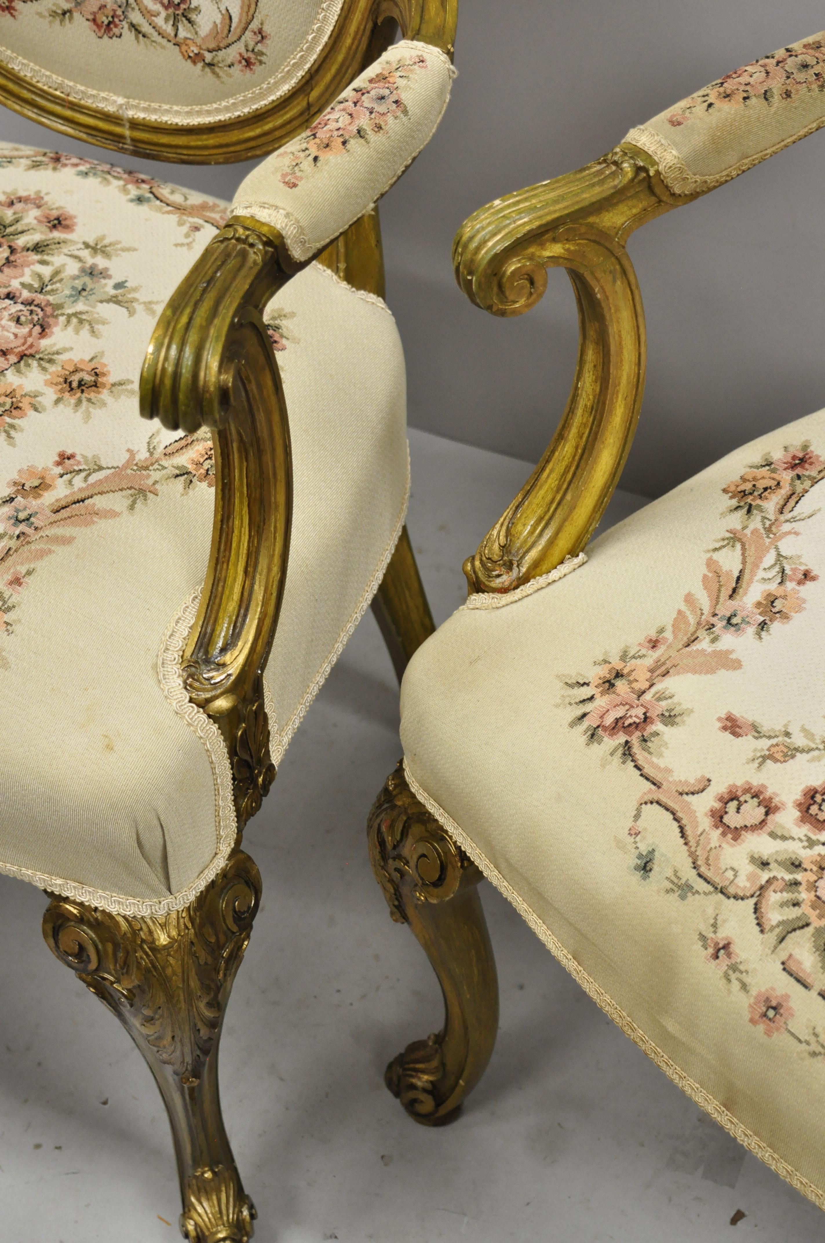 20th Century Pair of French Louis XV Victorian Style Needlepoint Tapestry Fireside Arm Chairs