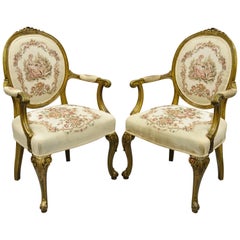 Vintage Pair of French Louis XV Victorian Style Needlepoint Tapestry Fireside Arm Chairs