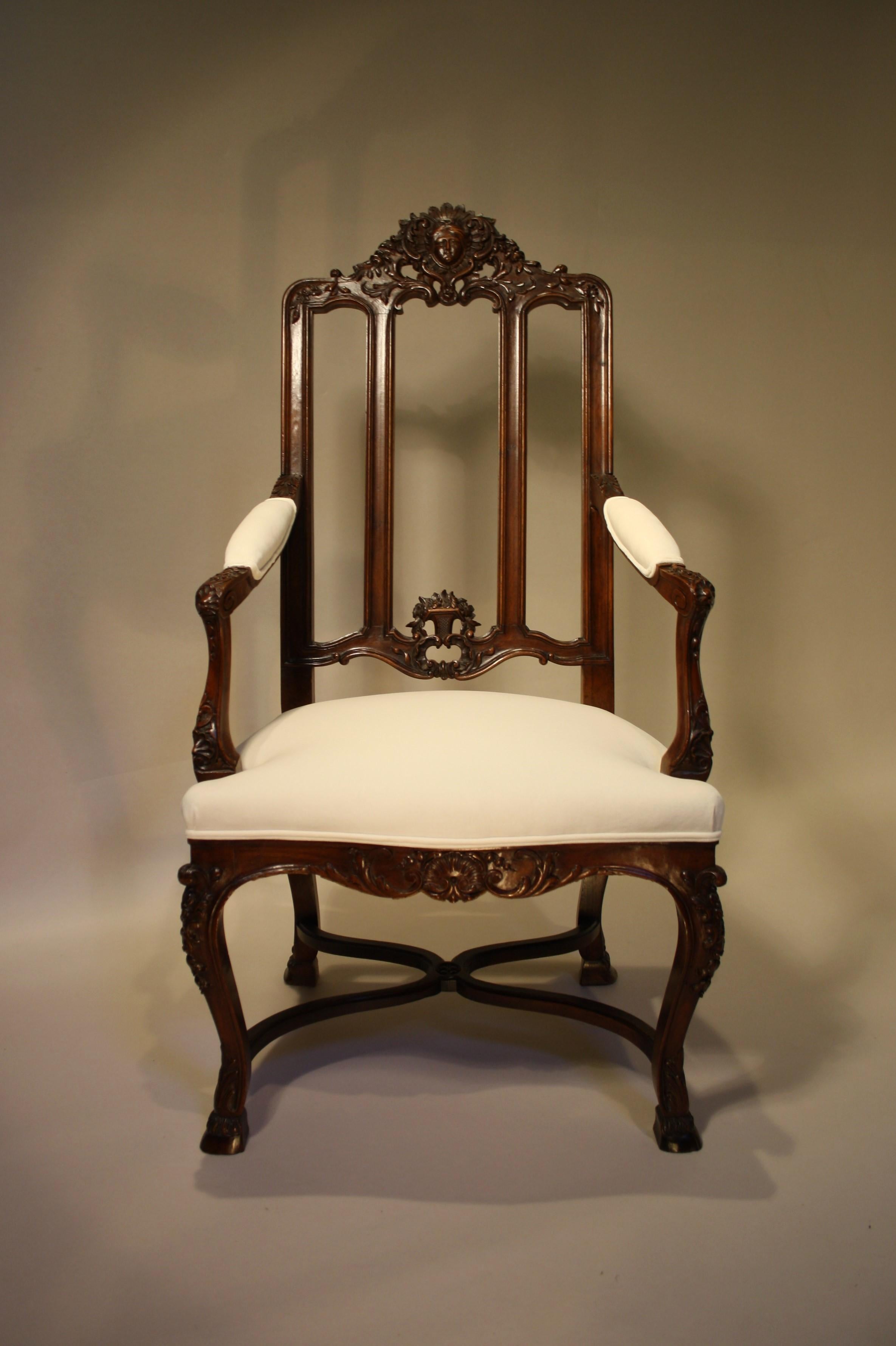 Carved Pair of French Walnut Armchairs, 19th Century