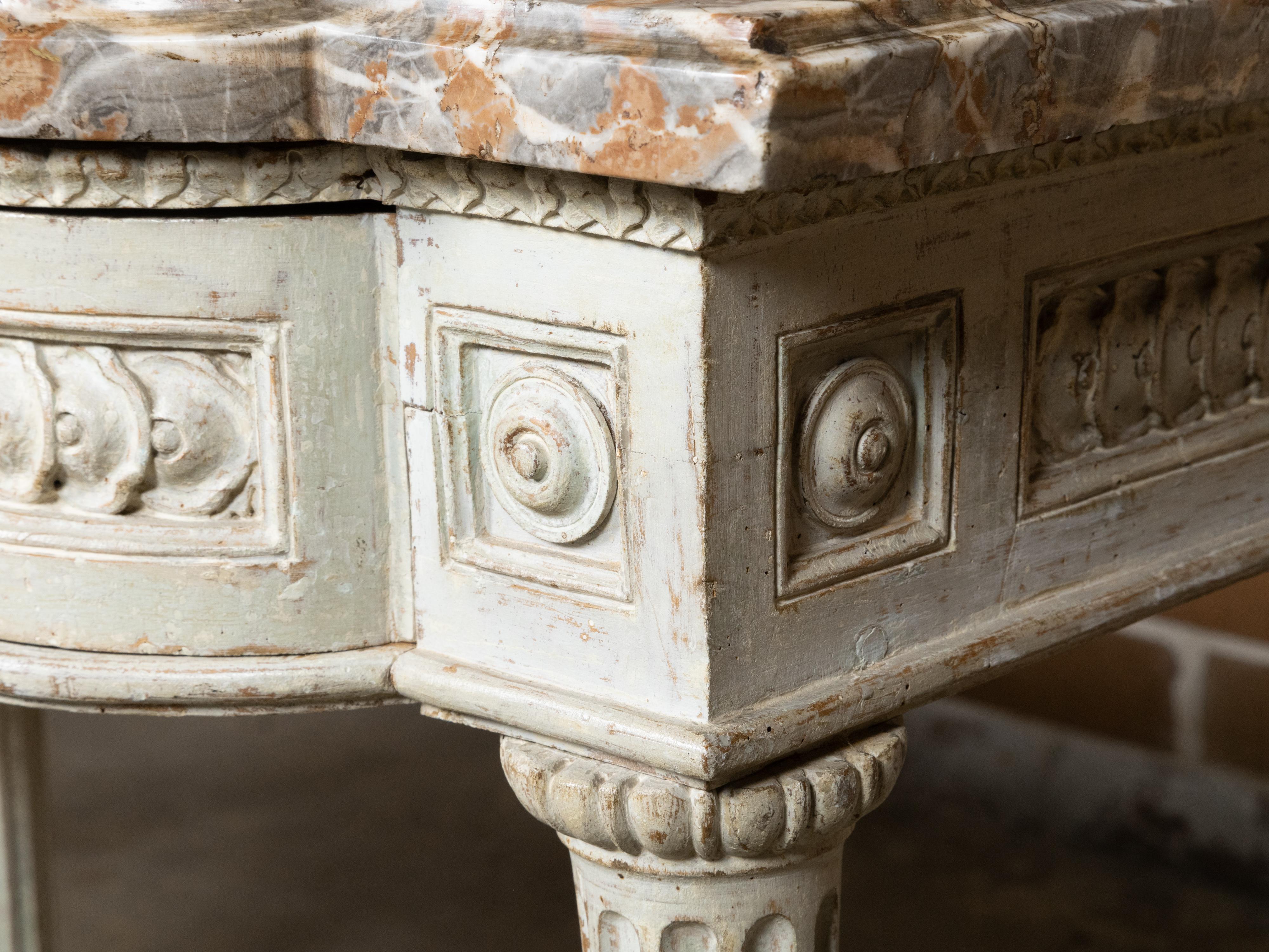 Pair of French Louis XVI 18th Century Painted Console Tables with Marble Tops For Sale 6