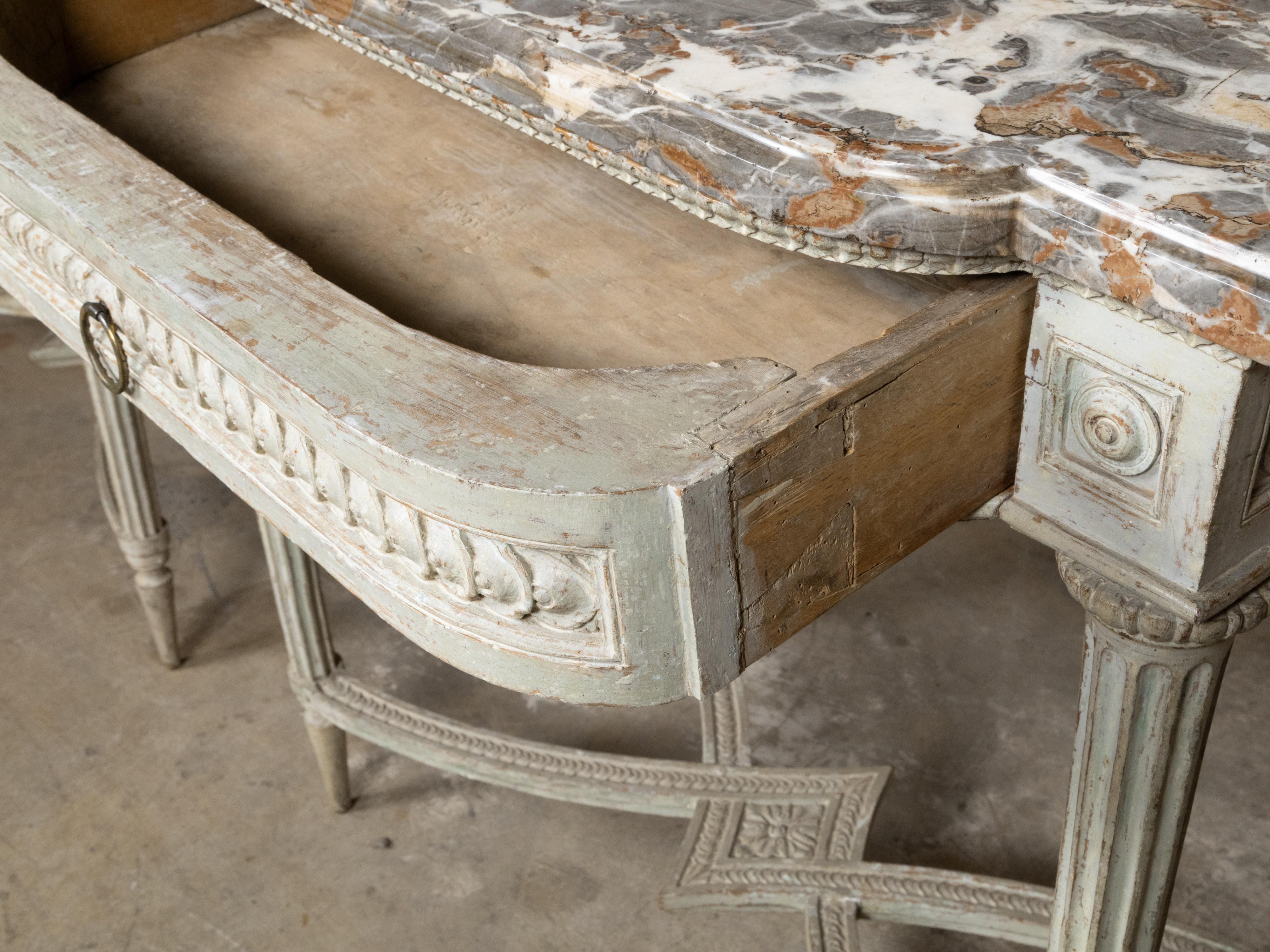 Pair of French Louis XVI 18th Century Painted Console Tables with Marble Tops For Sale 8