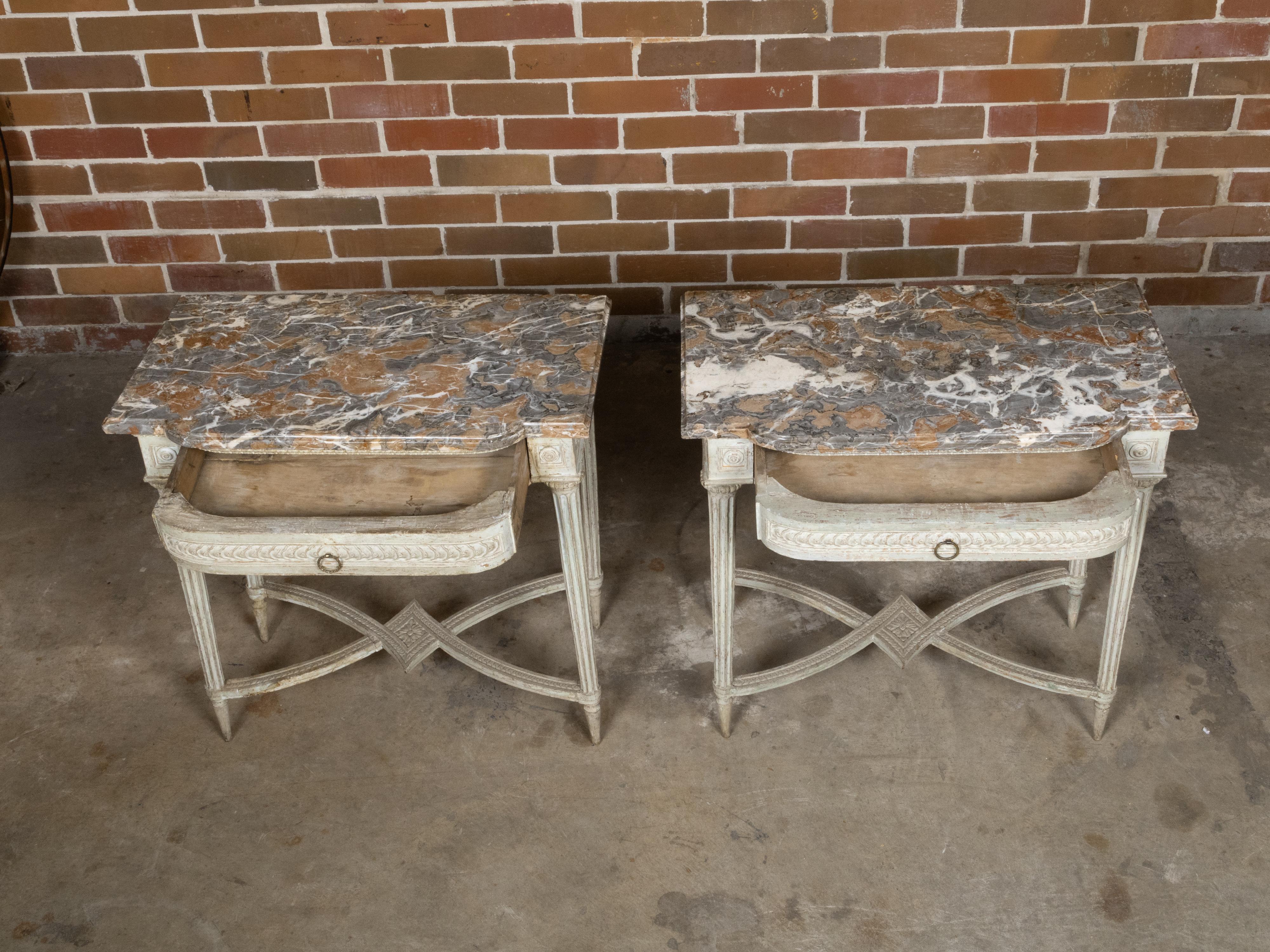 Pair of French Louis XVI 18th Century Painted Console Tables with Marble Tops For Sale 9