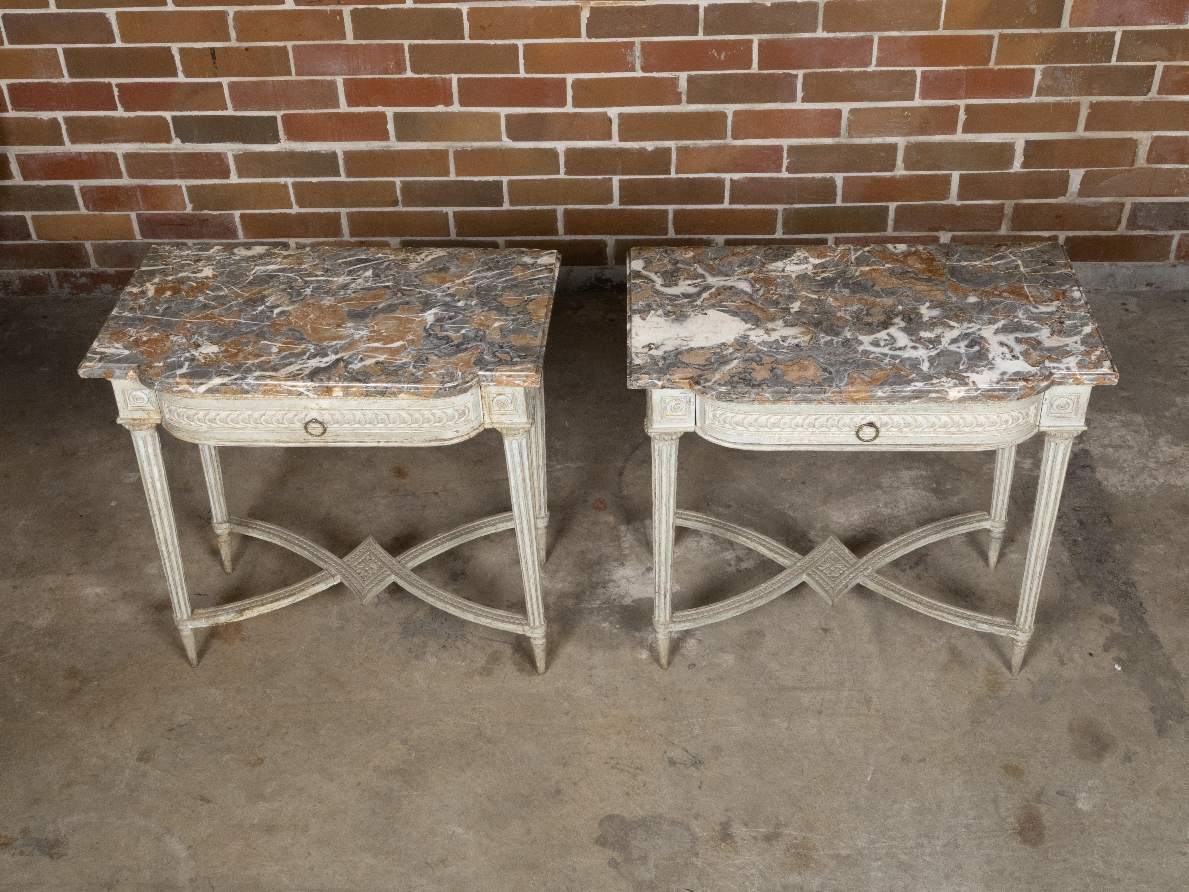 Pair of French Louis XVI 18th Century Painted Console Tables with Marble Tops For Sale 10
