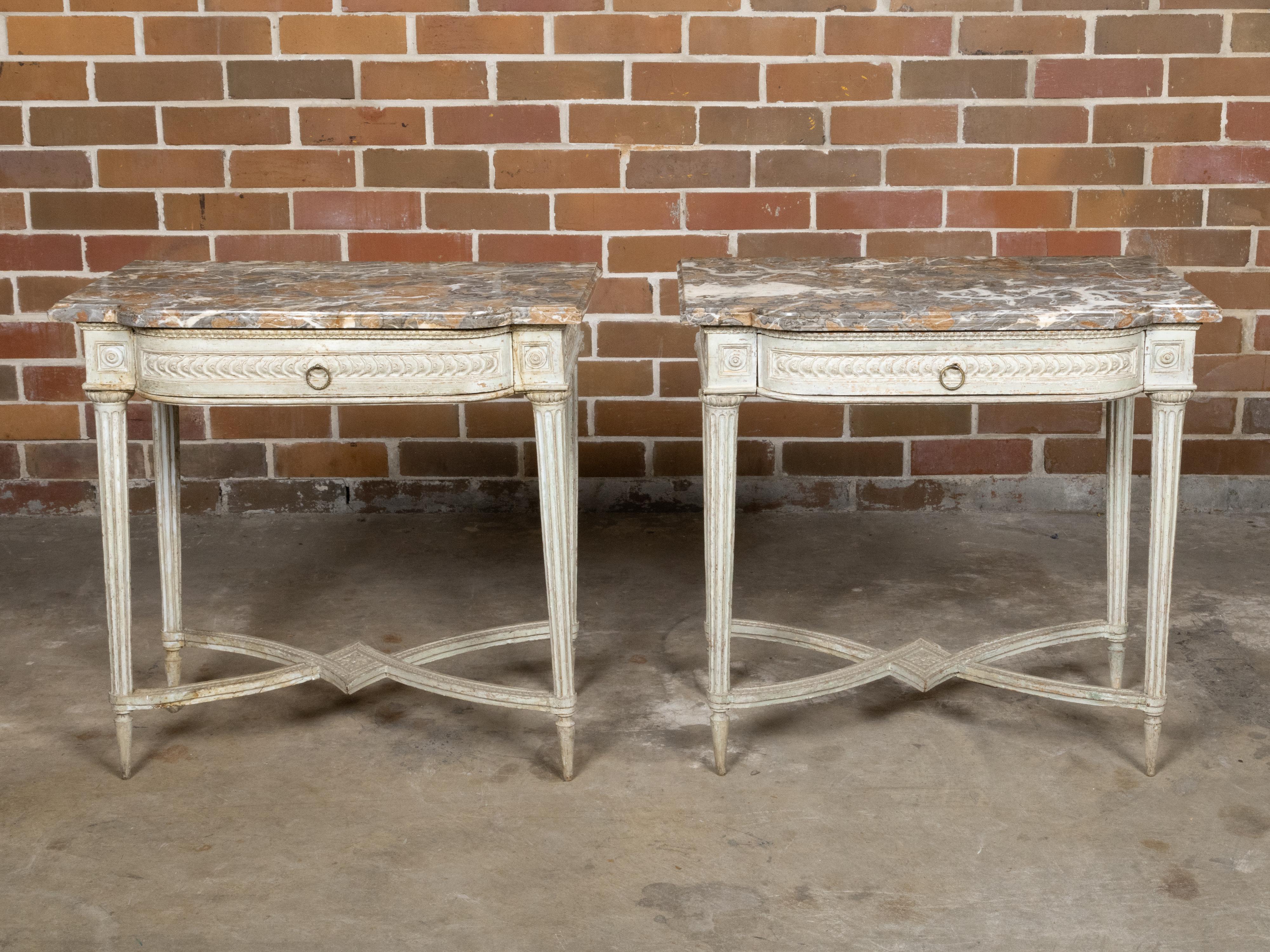 Pair of French Louis XVI 18th Century Painted Console Tables with Marble Tops For Sale 11