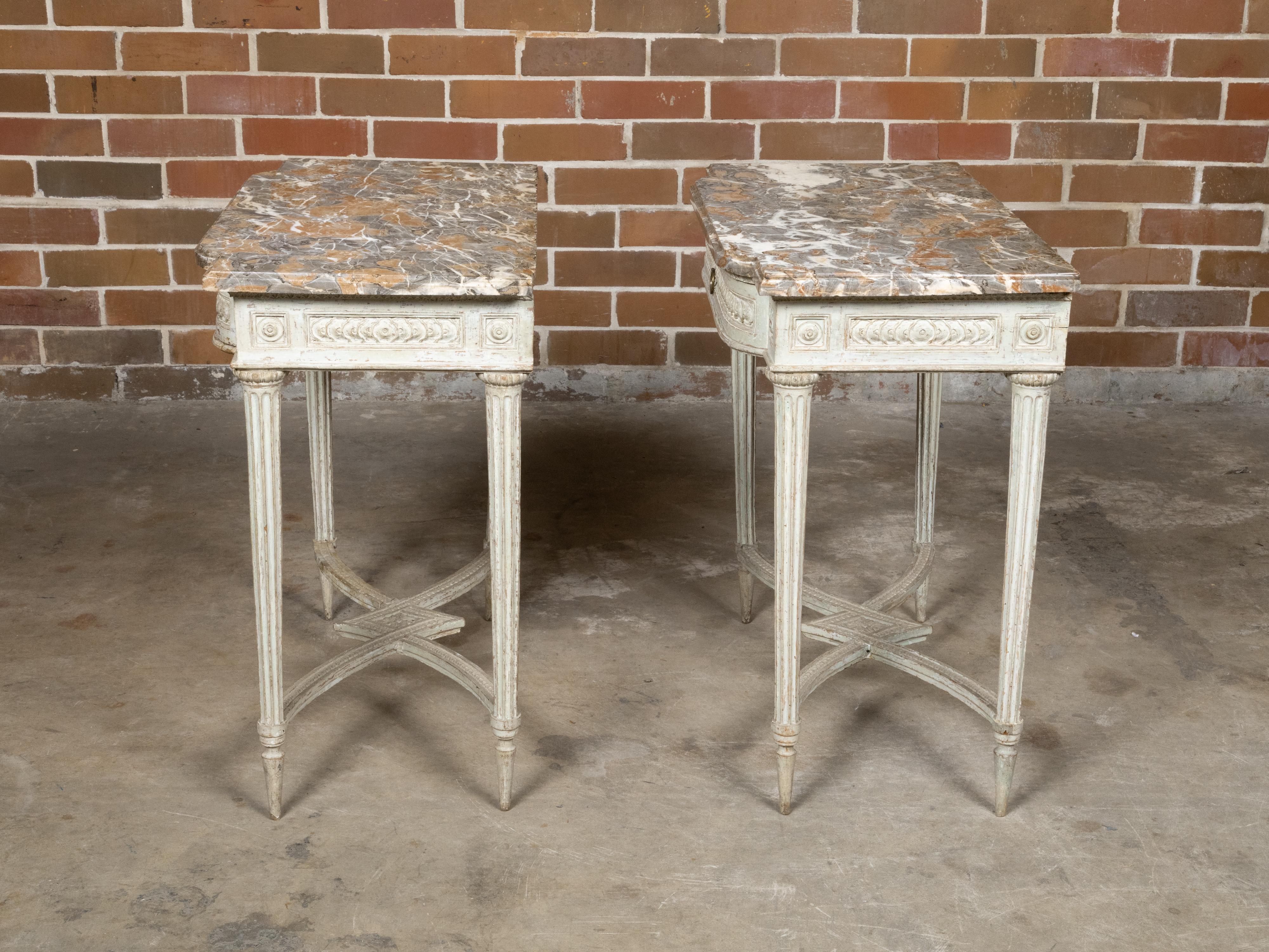 Carved Pair of French Louis XVI 18th Century Painted Console Tables with Marble Tops For Sale