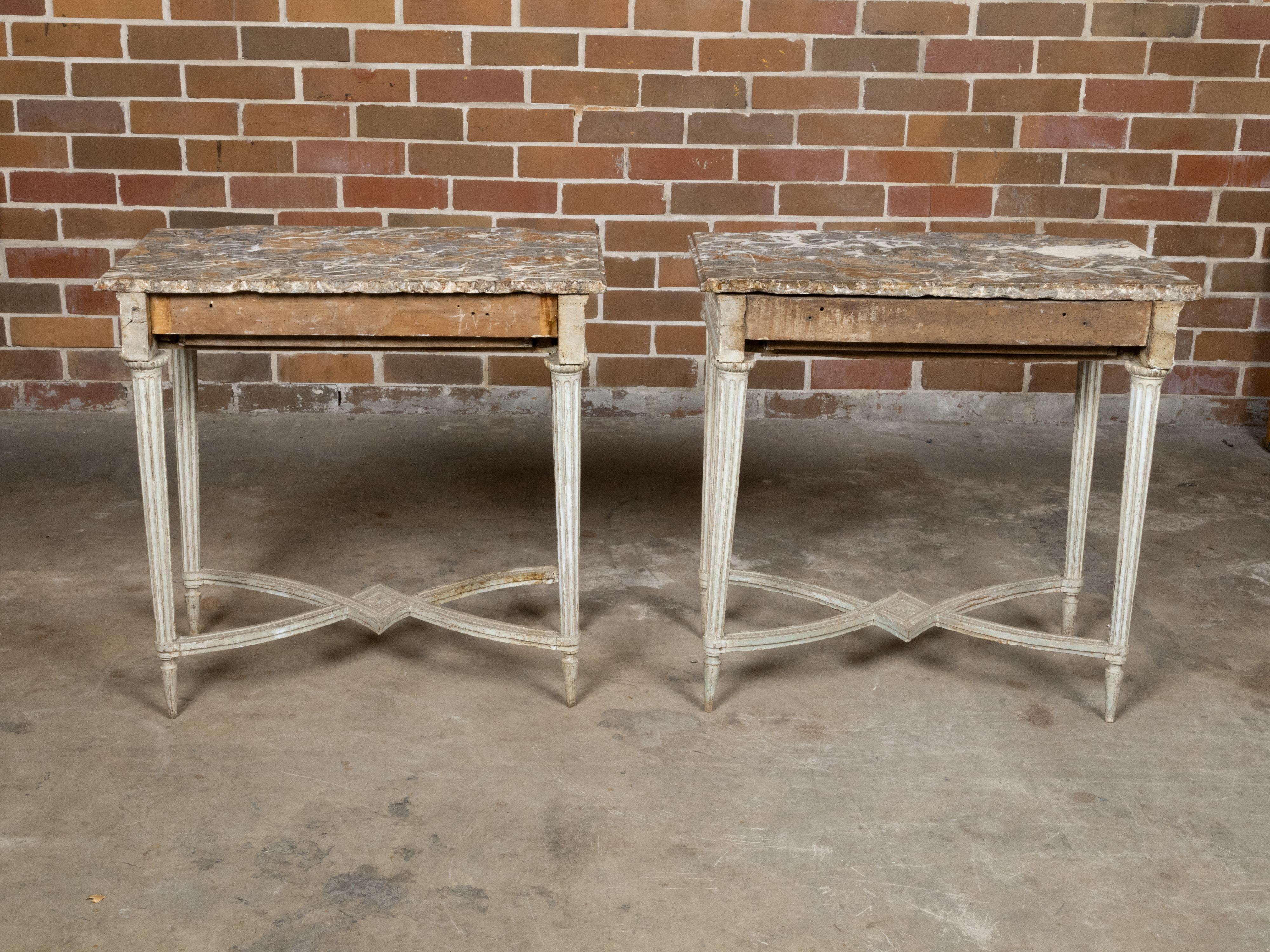 Pair of French Louis XVI 18th Century Painted Console Tables with Marble Tops In Good Condition For Sale In Atlanta, GA