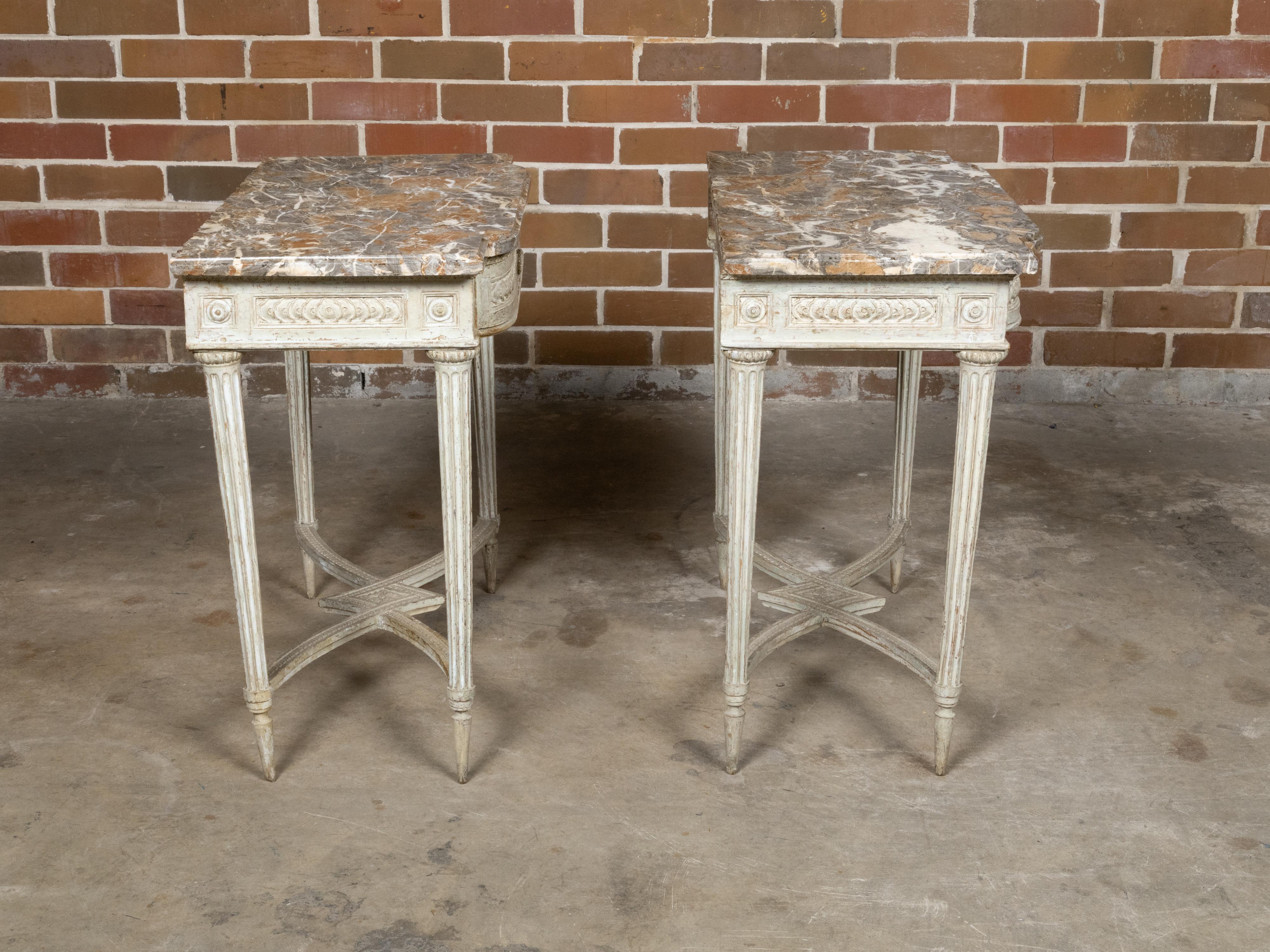 18th Century and Earlier Pair of French Louis XVI 18th Century Painted Console Tables with Marble Tops For Sale