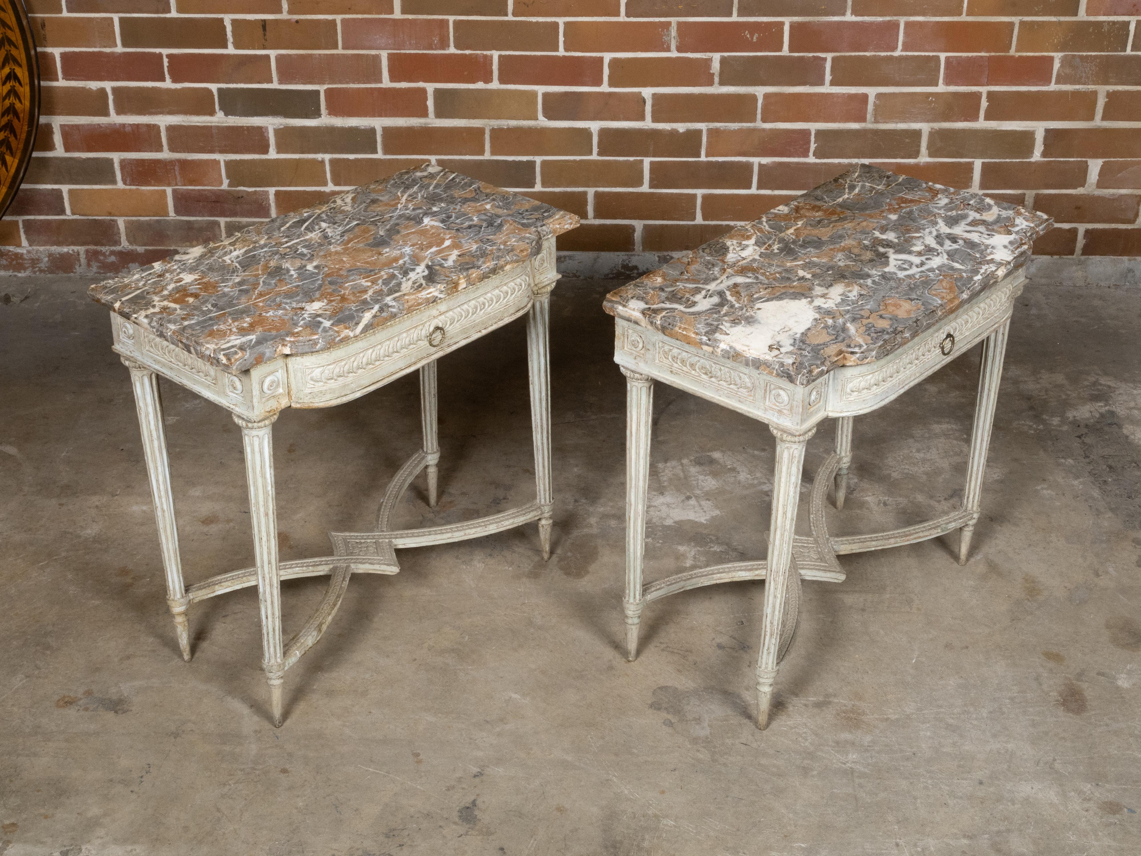 Pair of French Louis XVI 18th Century Painted Console Tables with Marble Tops For Sale 1