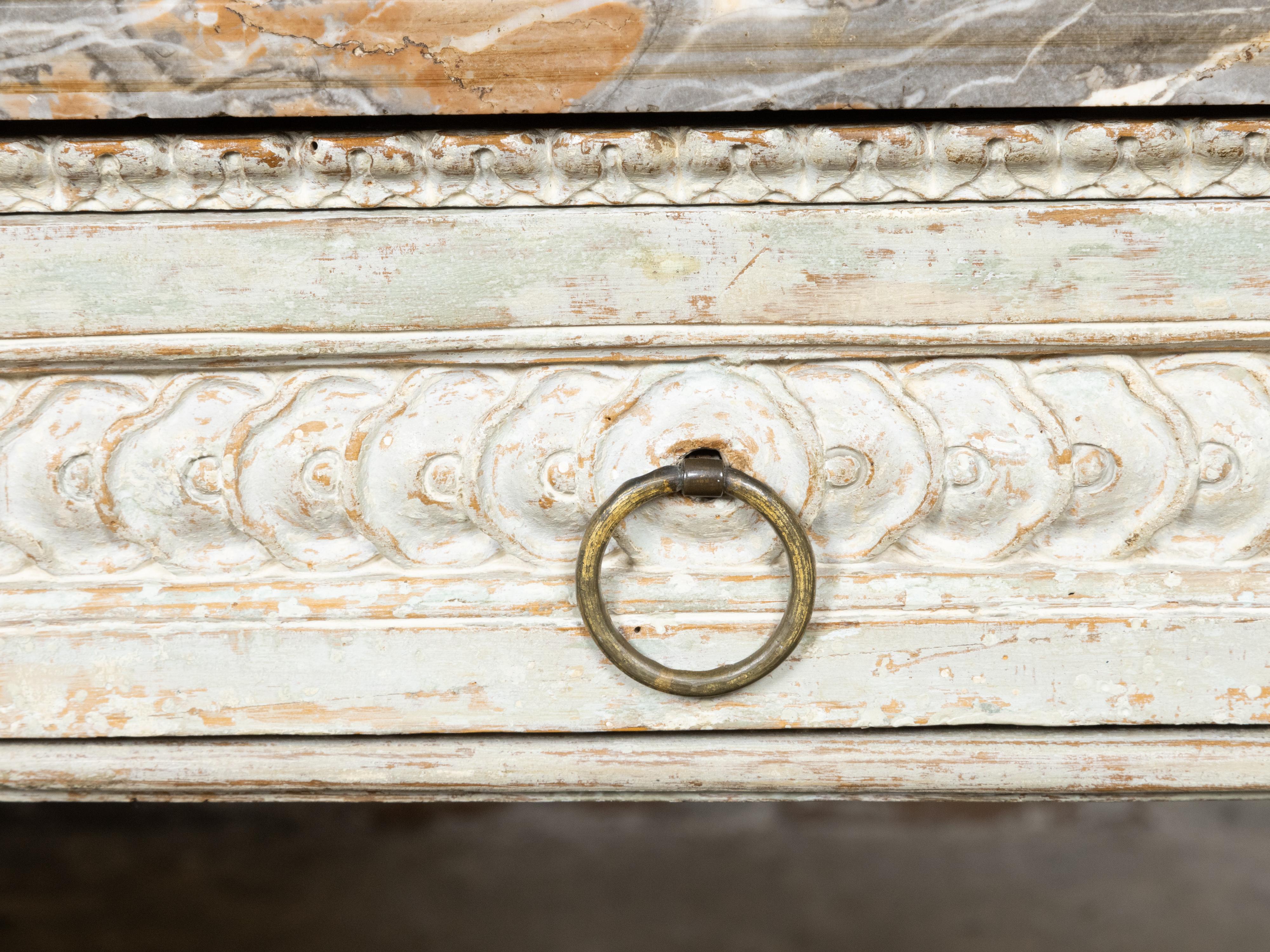 Pair of French Louis XVI 18th Century Painted Console Tables with Marble Tops For Sale 3
